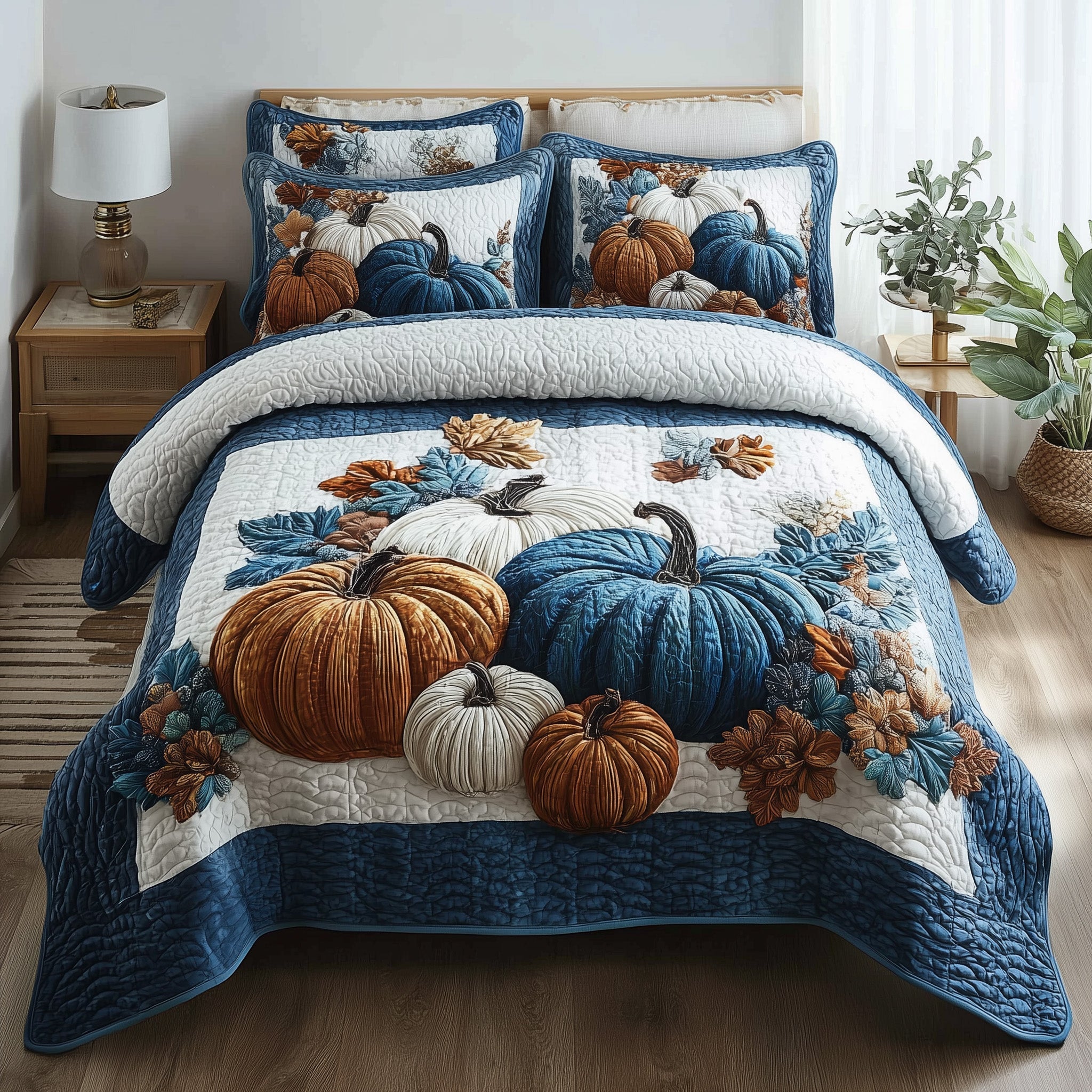 Autumn Pumpkin Quilted Bedding Set Machine Washable