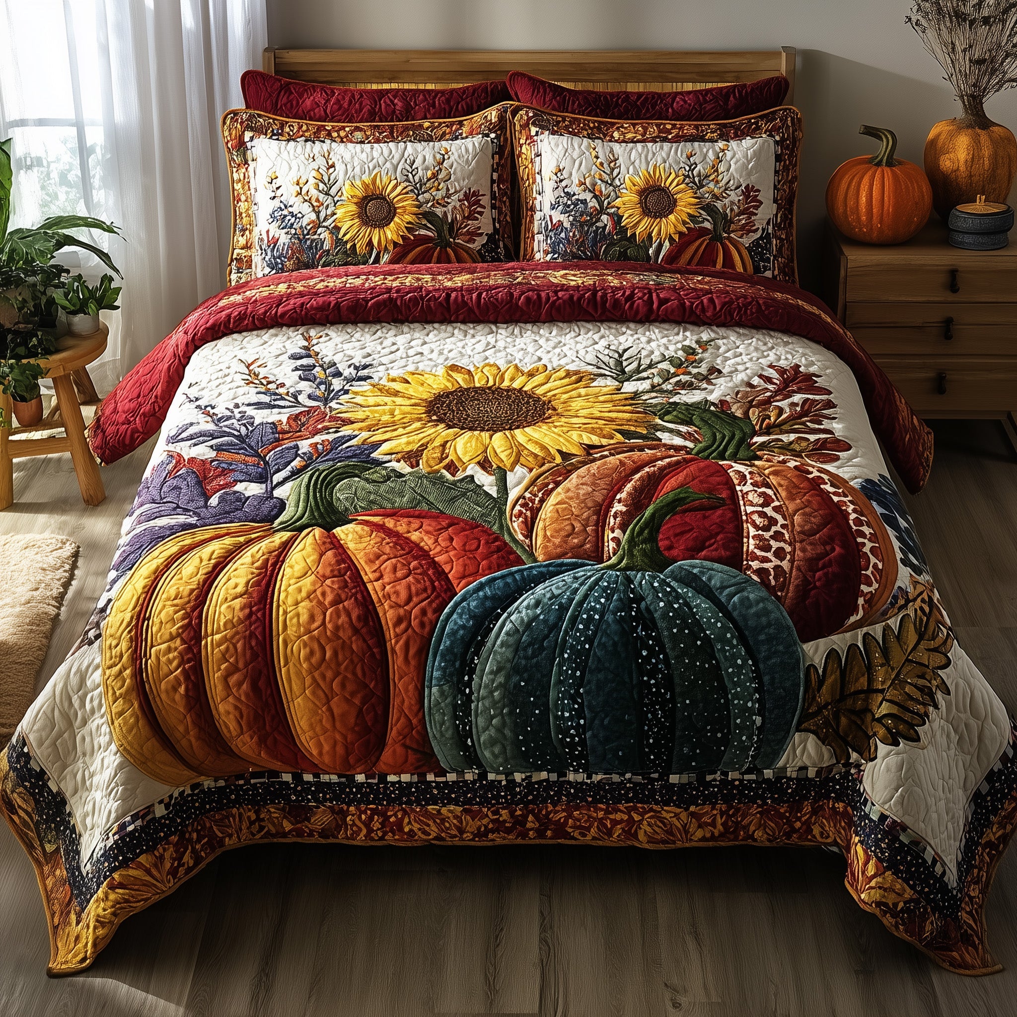 Autumn Pumpkin Quilted Bedding Set Striped Design
