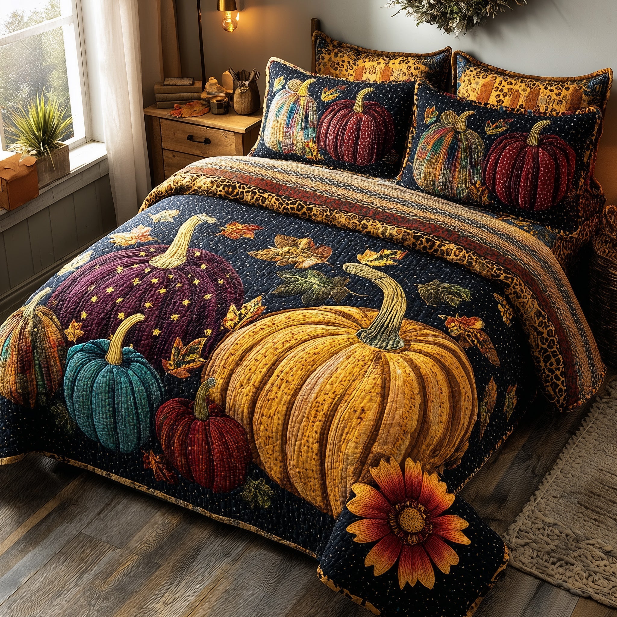 Autumn Pumpkin Quilted Bedding Set Unique Pattern