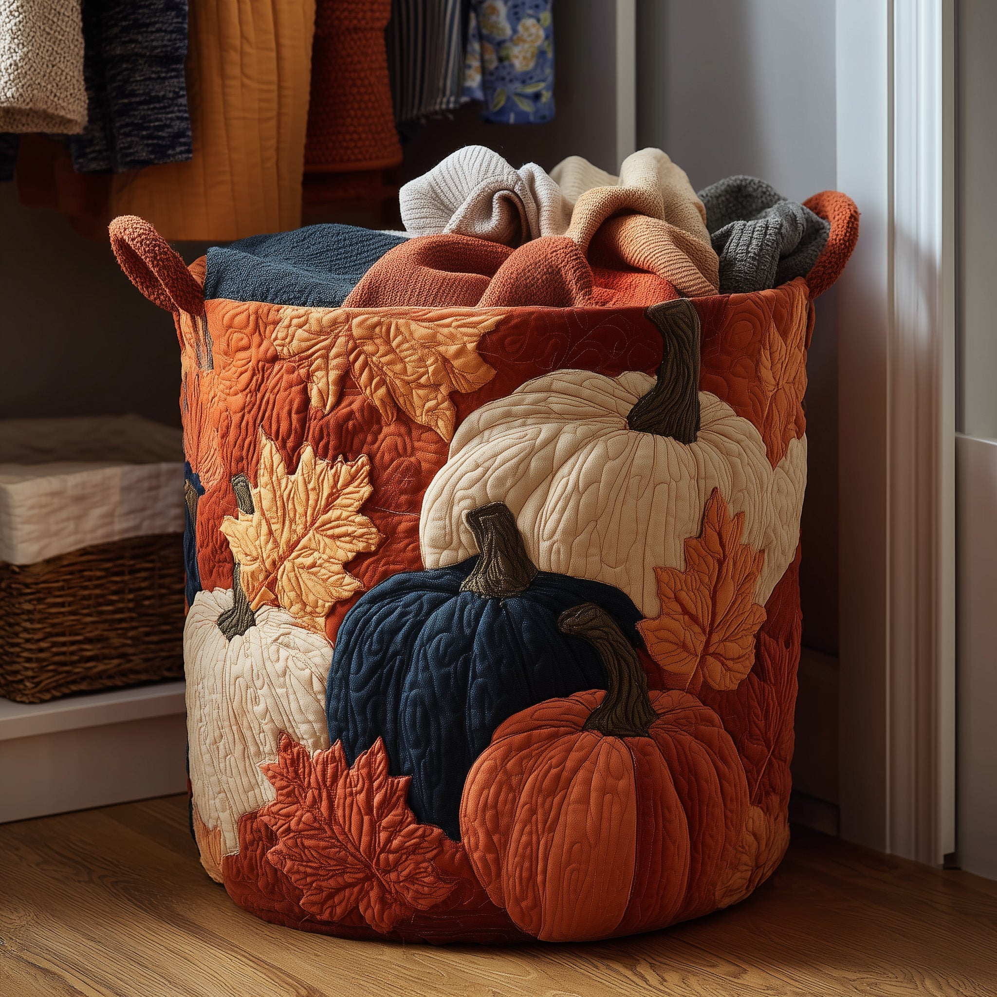 Autumn Pumpkin Quilted Laundry Basket Foldable Basket Storage Best Gifts For Mom