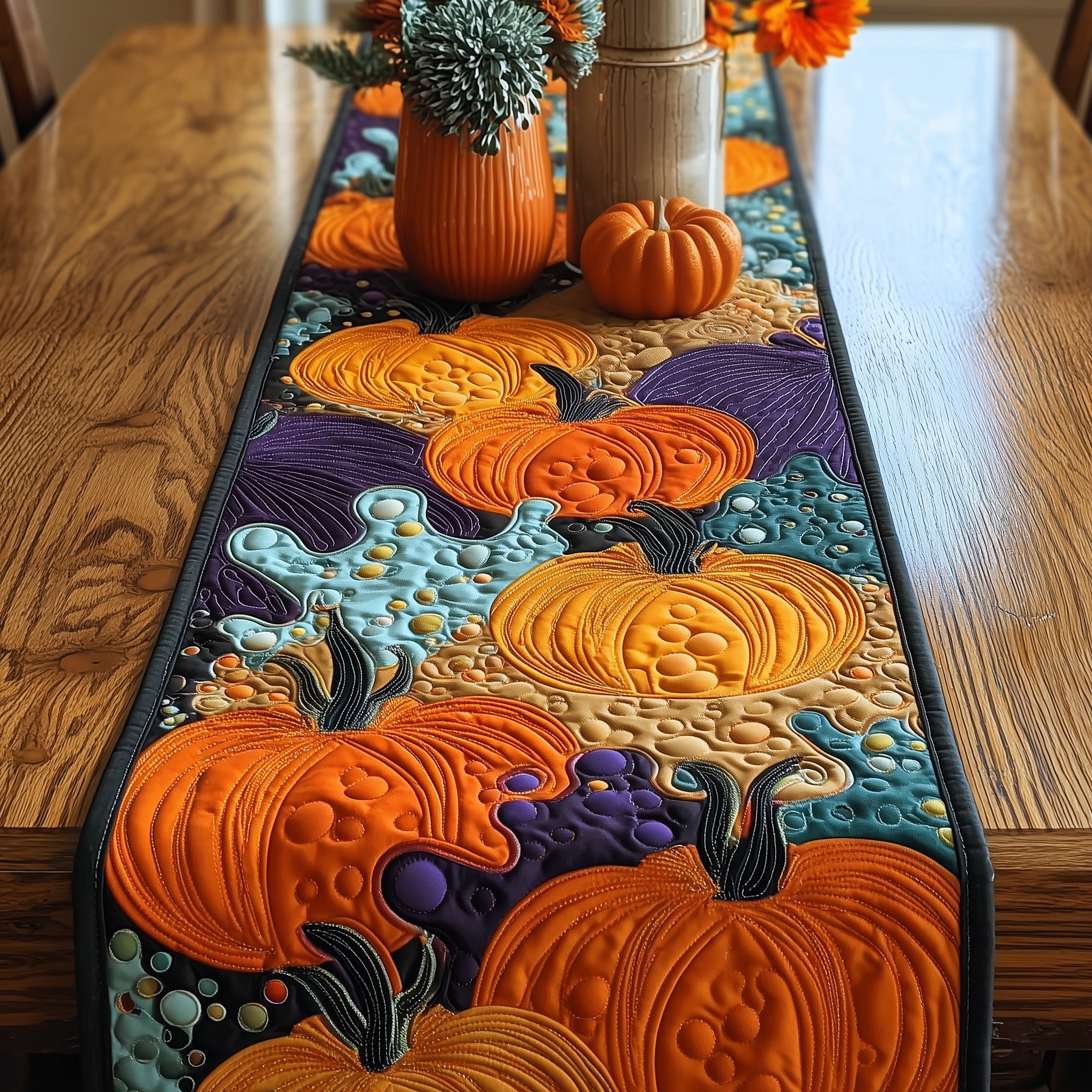 Autumn Pumpkin Quilted Table Runner Festive Christmas Dining Room Table Runner