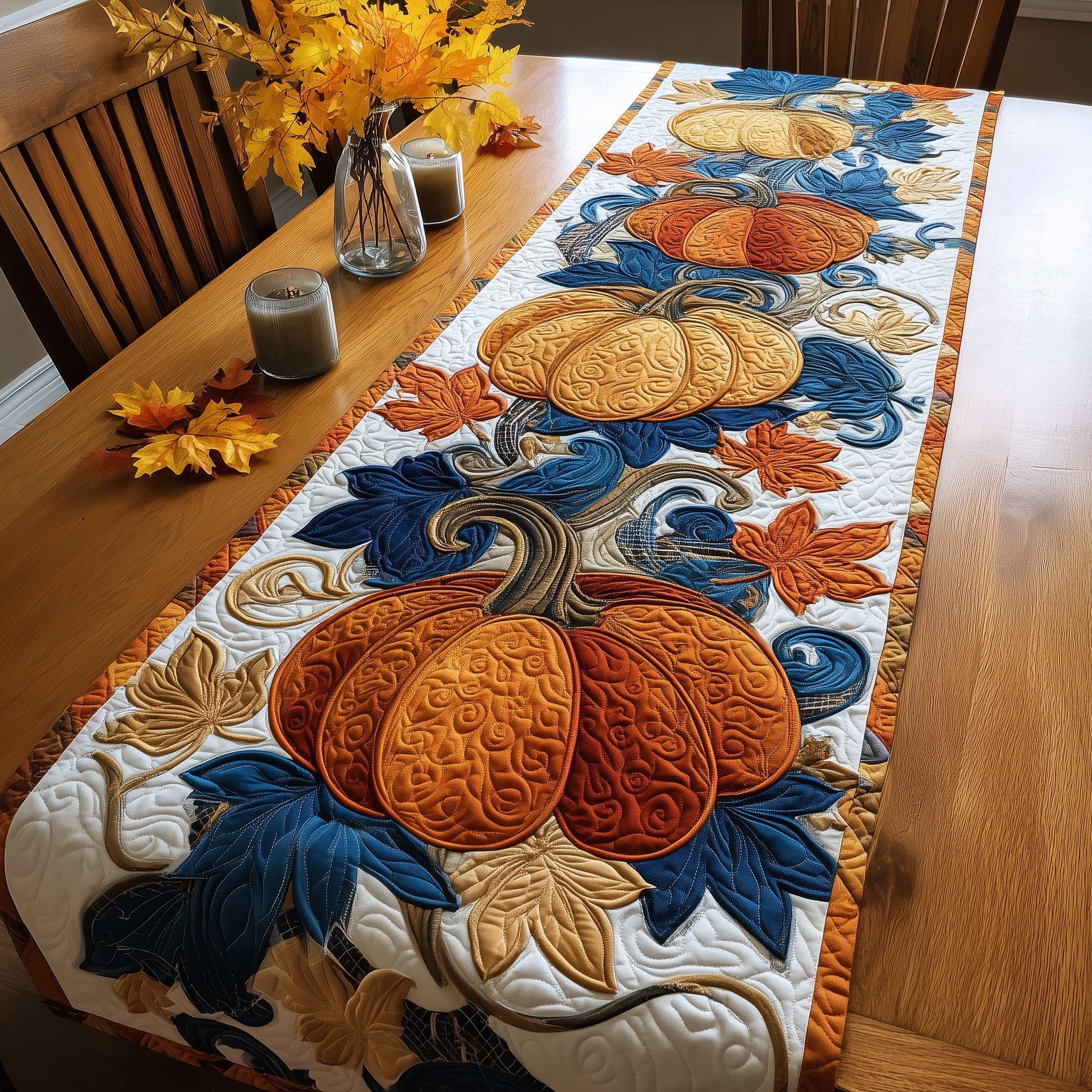 Autumn Pumpkin Quilted Table Runner Holiday Banquet Table Runner