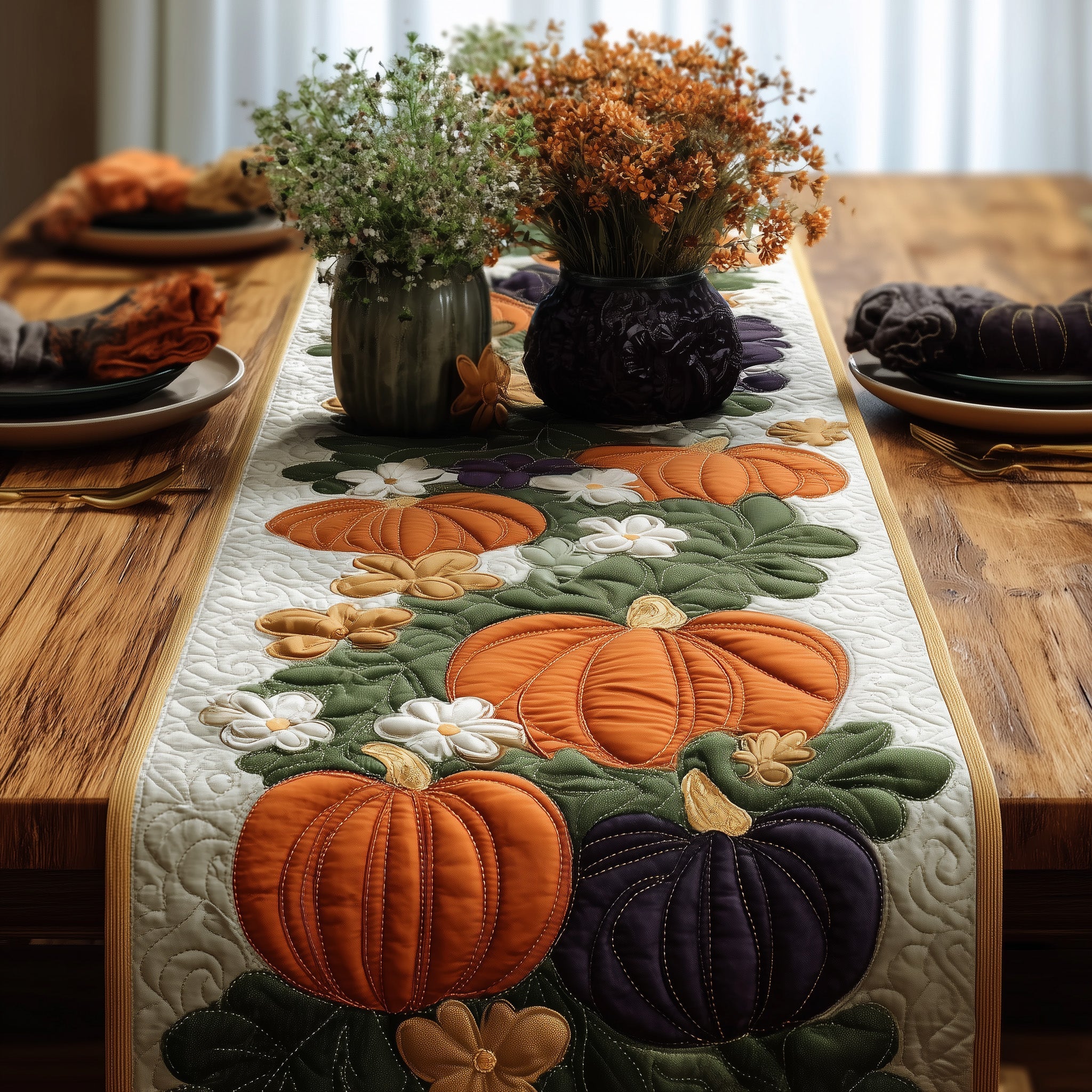 Autumn Pumpkin Quilted Table Runner Holiday Table Runner Decoration