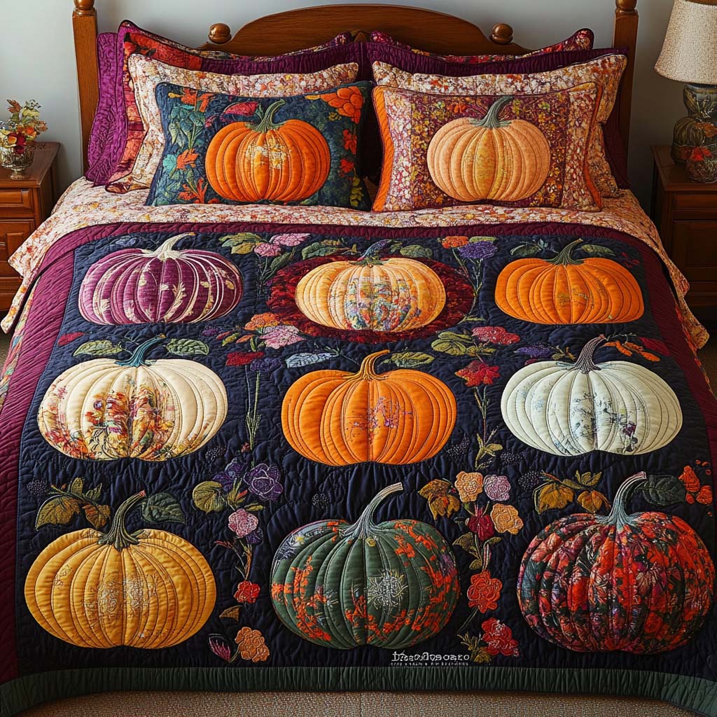 Autumn Pumpkins Quilted Bedding Set Holiday Duvet Covers Gifts For Halloween Lovers