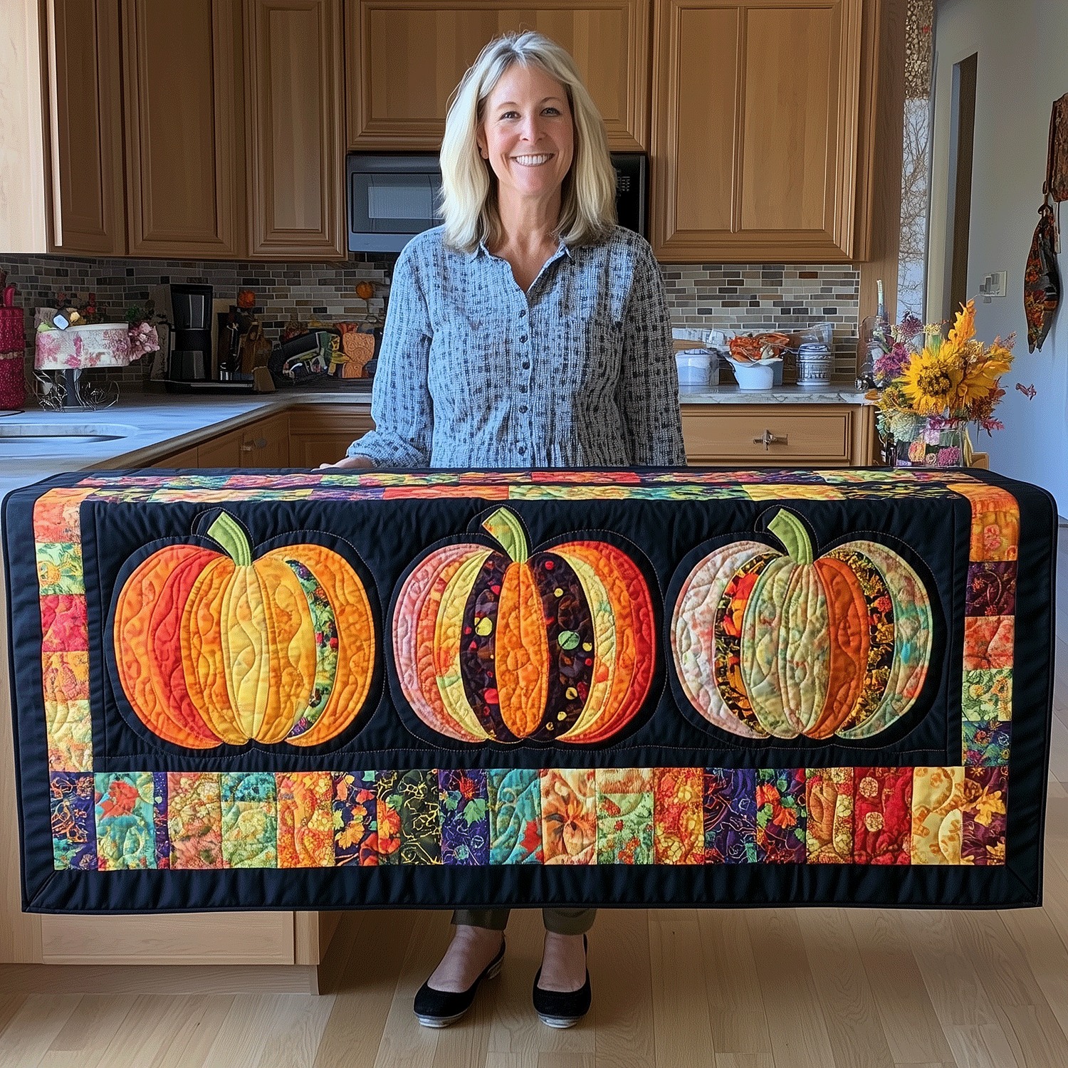 Autumn Pumpkins Quilted Table Runner Halloween Table Runner