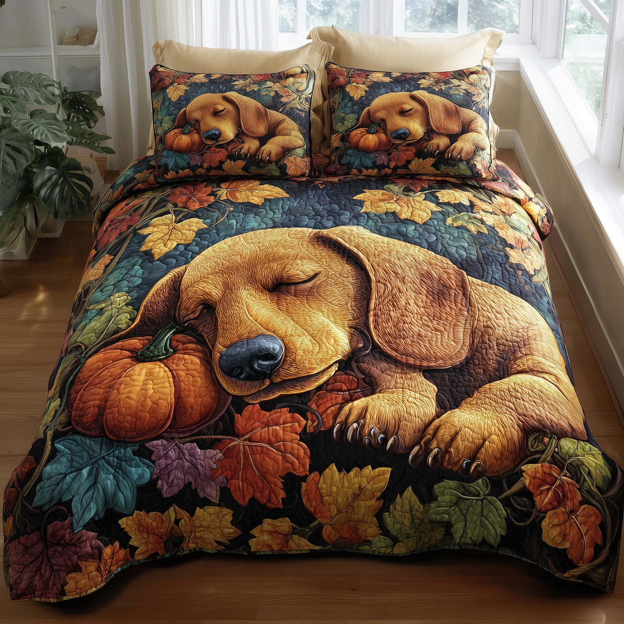 Autumn Pup Haven Quilted Bedding Set Farmhouse Style