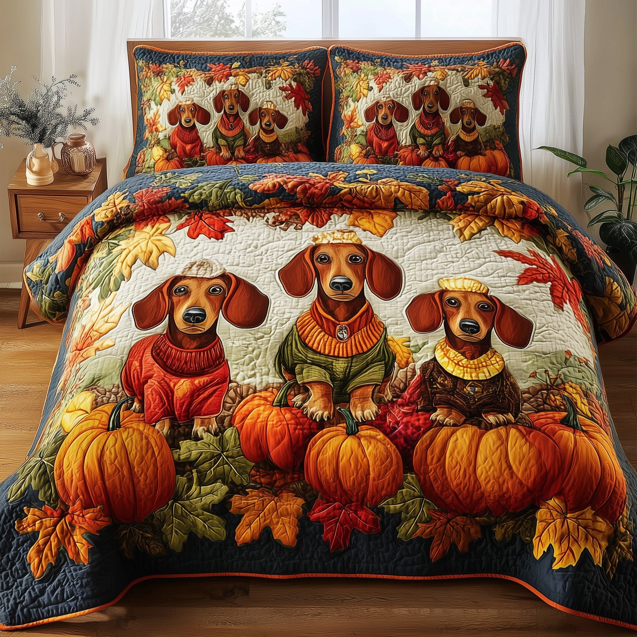 Autumn Pup Haven Quilted Bedding Set Geometrical Pattern