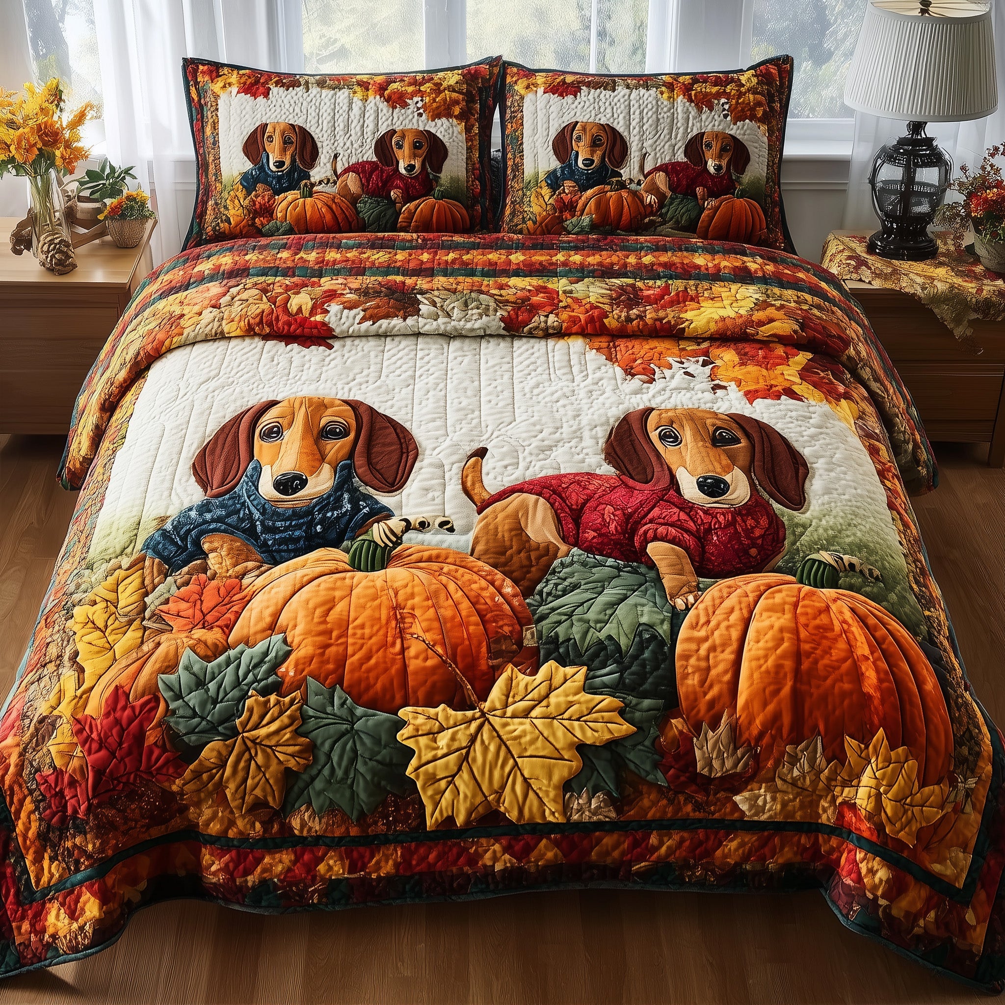 Autumn Pup Haven Quilted Bedding Set Solid Color