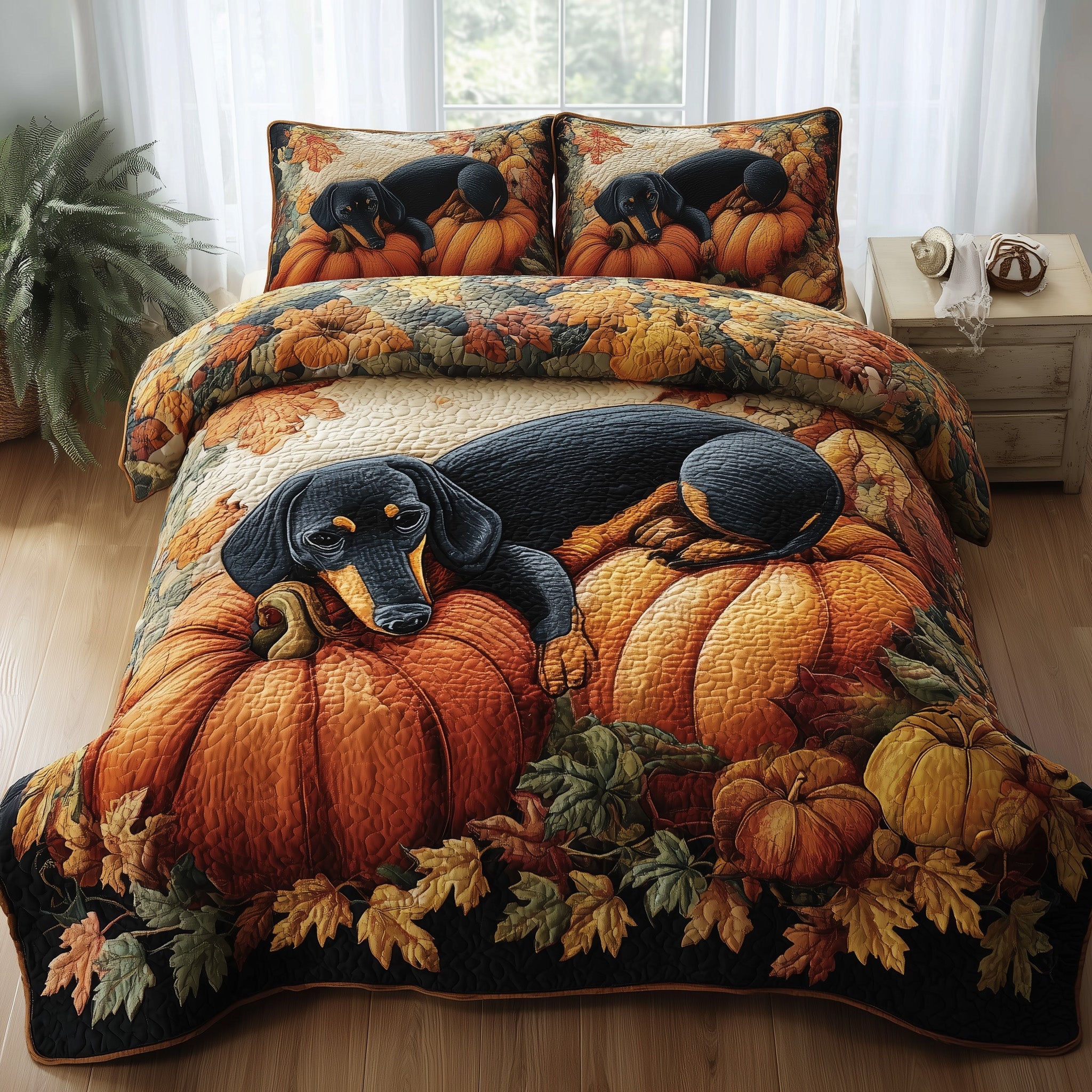 Autumn Pup Haven Quilted Bedding Set Striped Design