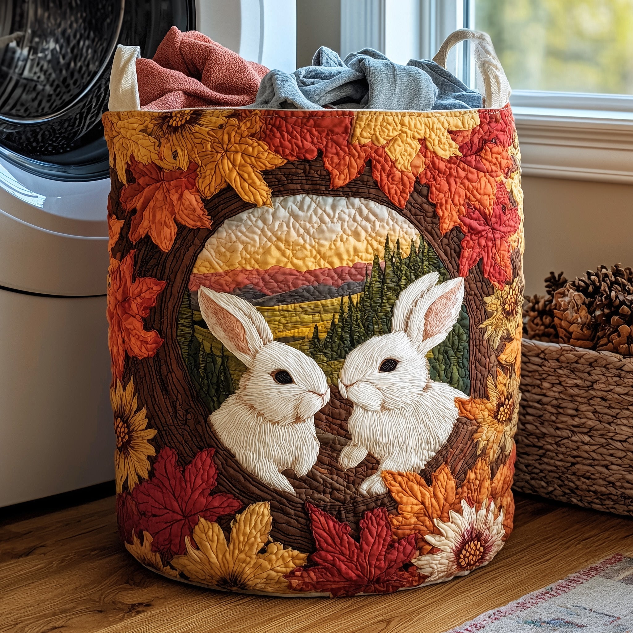 Autumn Rabbit Love Quilted Laundry Basket Foldable Basket Storage Best Gifts Fall Loveds