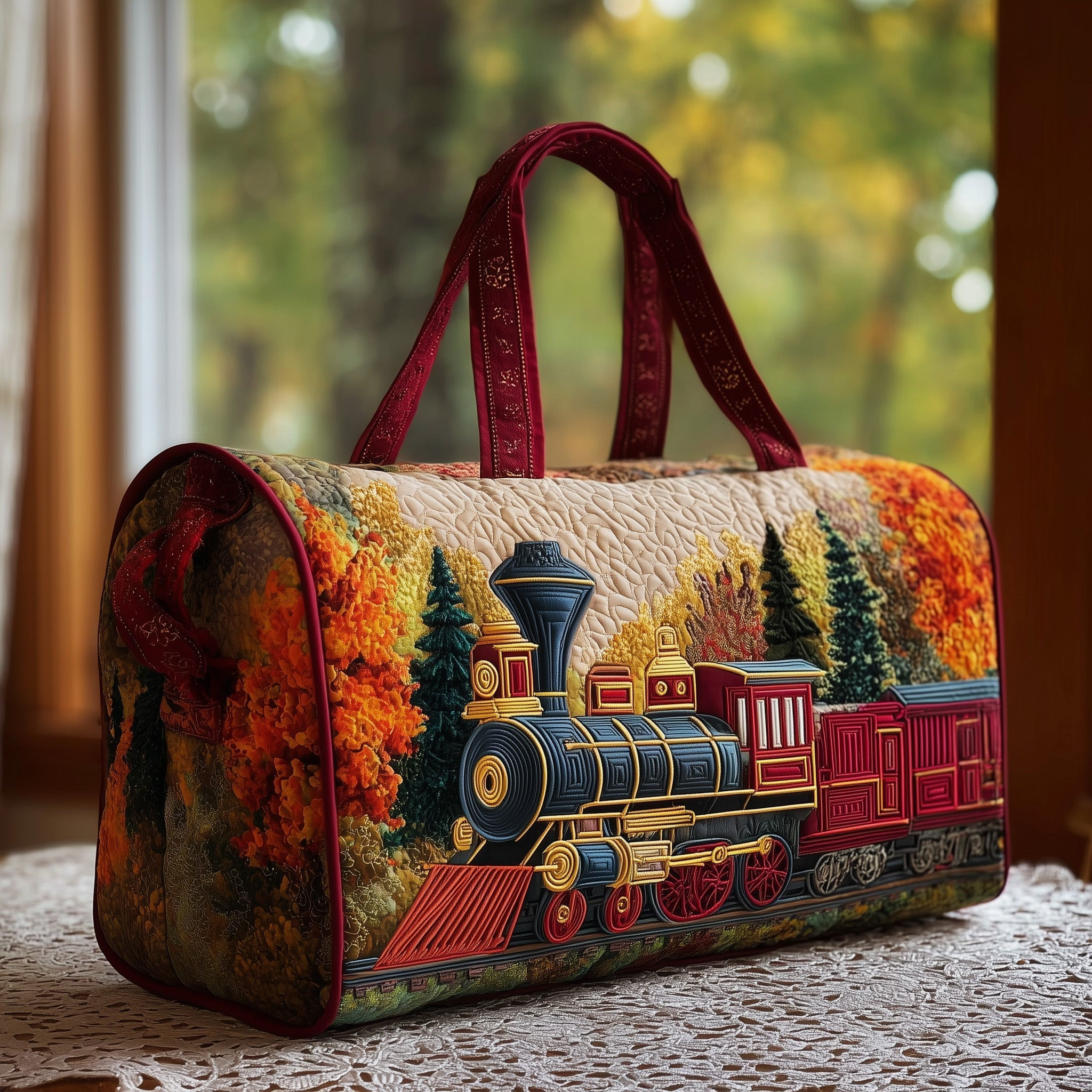 Autumn Rail Quilted Duffle Bag Vintage Steam Train Fall Foliage Best Travel Gift