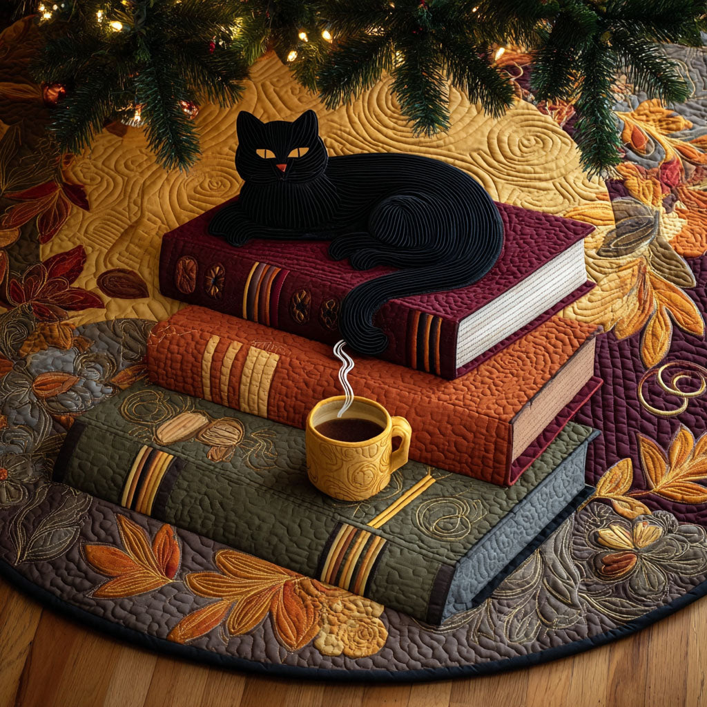 Autumn Reader Christmas Quilted Tree Skirt Holiday Decor Black Cat Presents