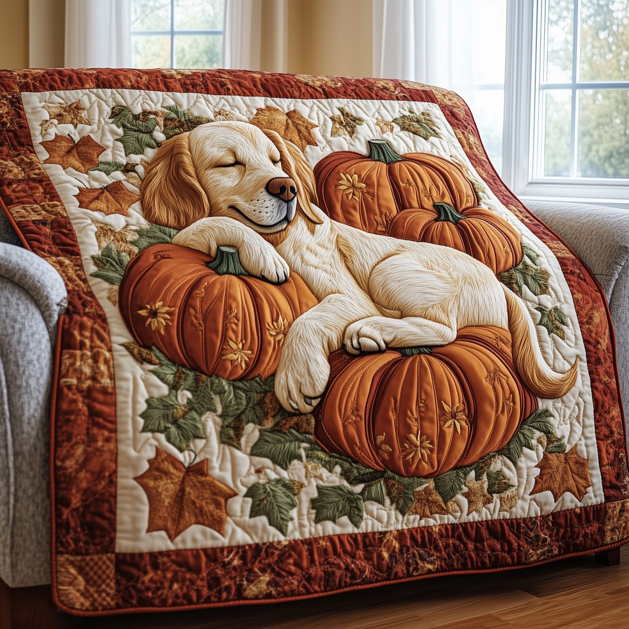 Autumn Retriever Dog Pumpkin Quilted Blanket Presents For Golden Retriever Owners