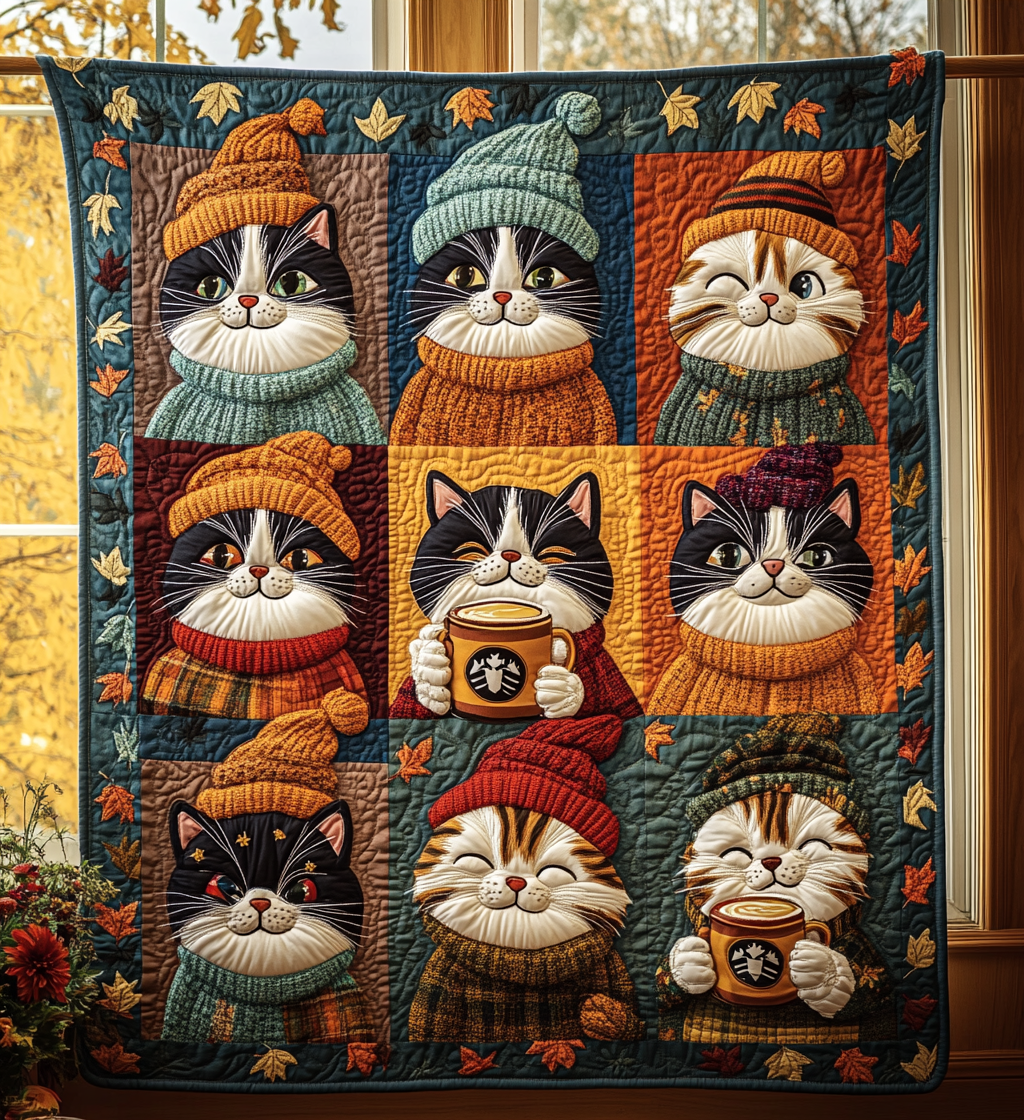 Autumn Royal Cats Fall Theme Harvest Quilted Blanket Feline Thanksgiving Gifts For Cat Lovers