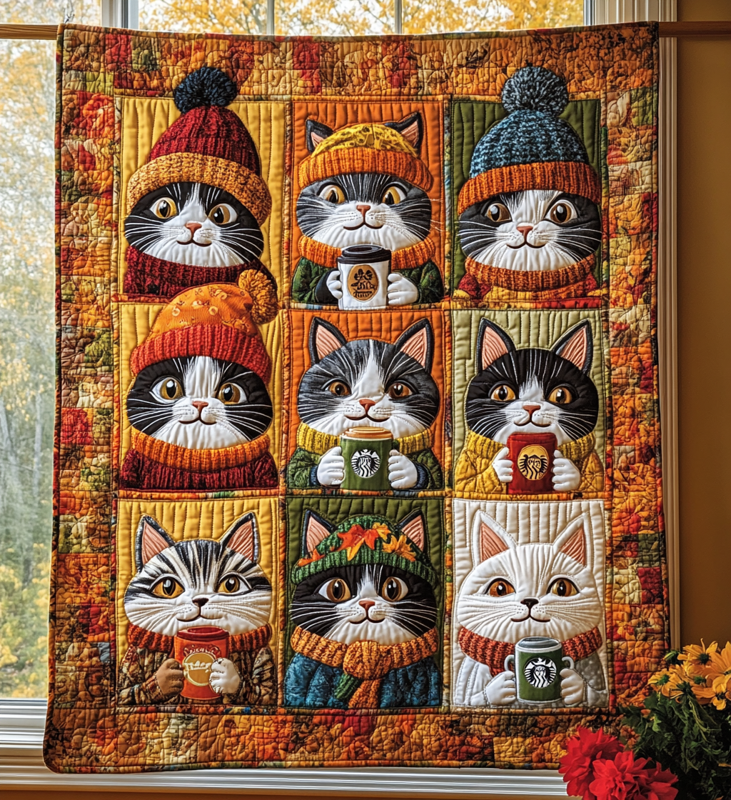 Autumn Royal Cats Fall Theme Leaves Quilted Blanket Kitten Autumn Gifts For Cat Lovers