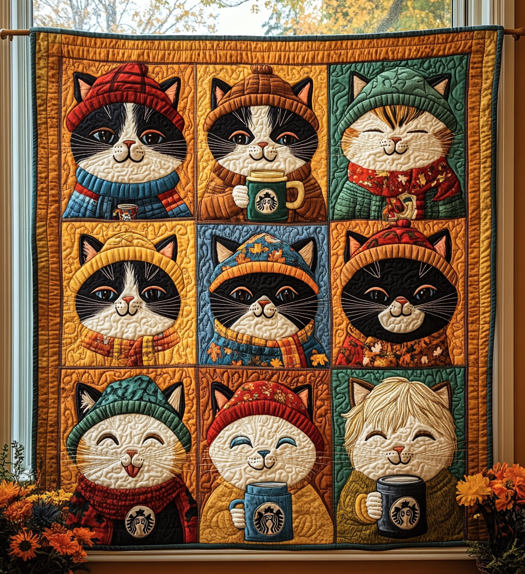 Autumn Royal Cats Fall Theme Pumpkin Quilted Blanket Harvest Unique Gifts For Cat Lovers