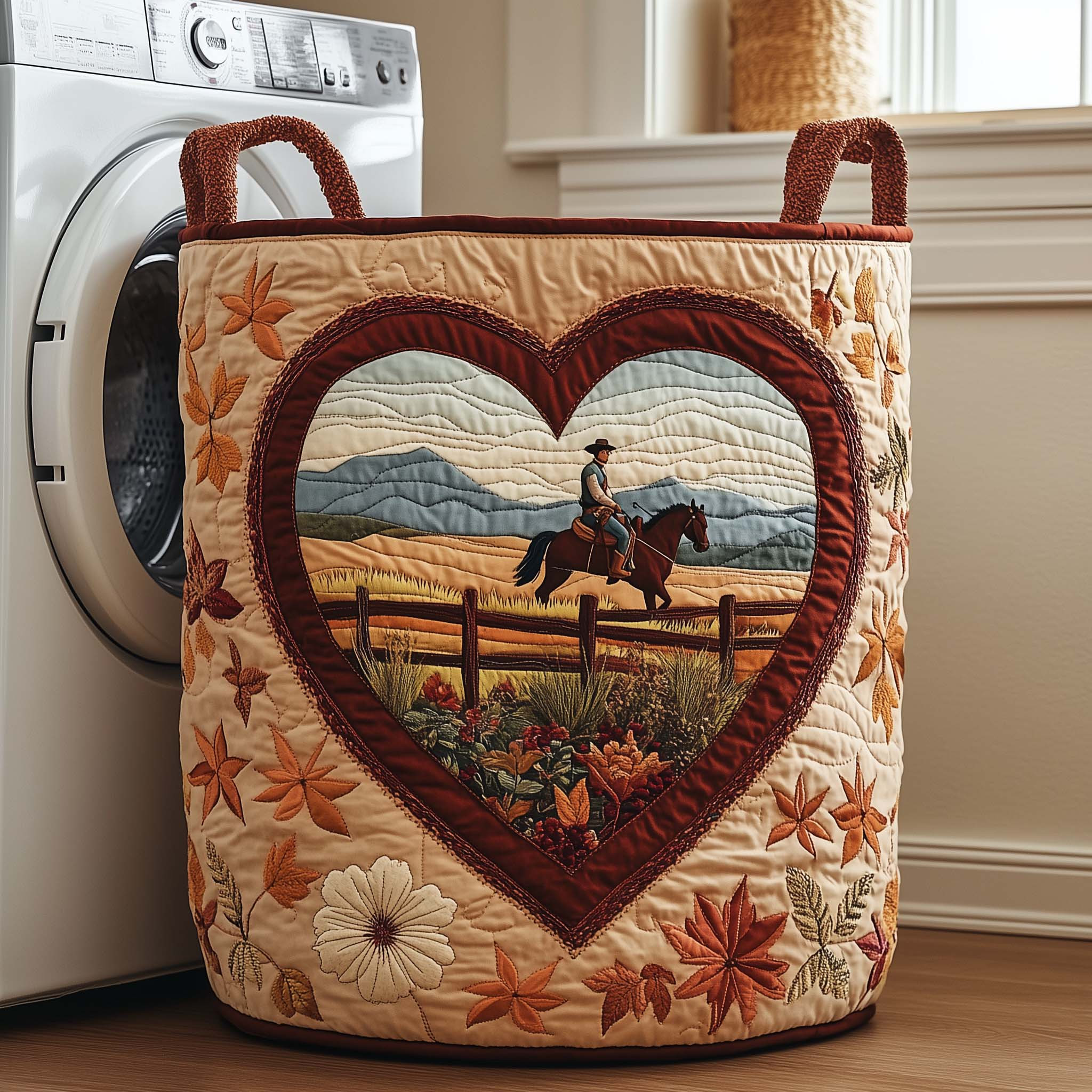 Autumn Saddle Quilted Laundry Basket Earth Tone Home Decor Gifts For Cowboy Lovers