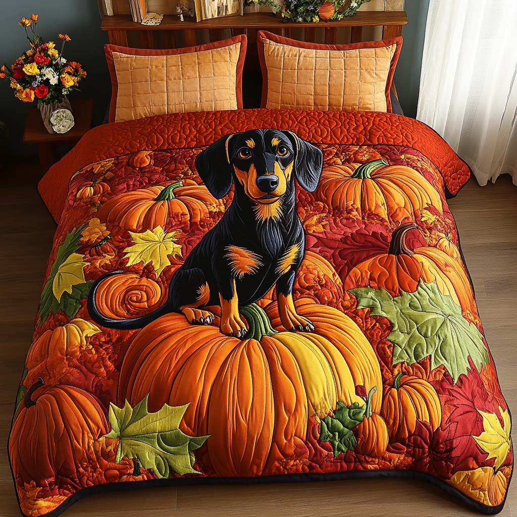 Autumn Sausage Dog Quilted Bedding Set Fall Bedding Sets Gift Ideas For Dachshund Lovers