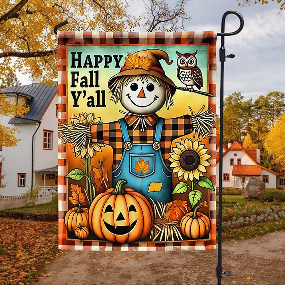 Autumn Scarecrow Happy Fall Y'all Flag Gift For Friends and Family on Halloween Day