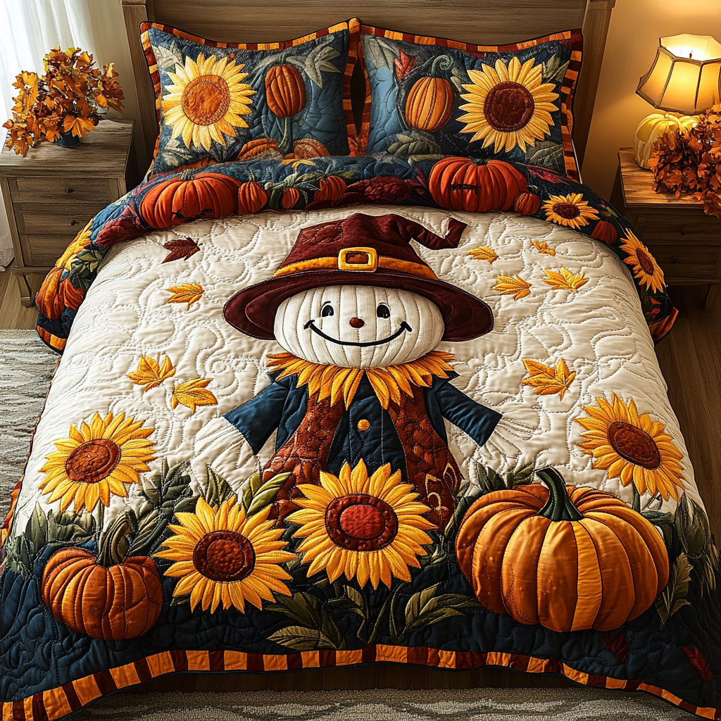 Autumn Scarecrow Quilted Bedding Set Cute Room Decor Autumn Gifts For Friends