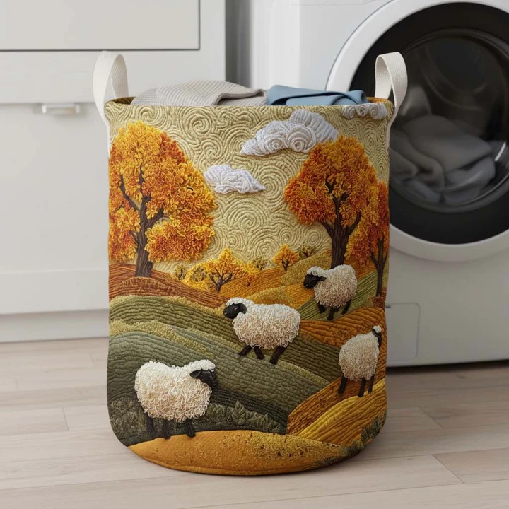Autumn Sheep Countryside Quilted Laundry Basket Fall Home Decor Best Gift For Sheep And Farm Lovers