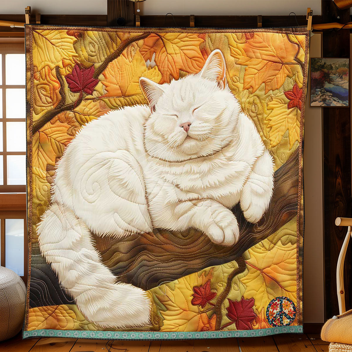 Autumn Sleeping White Cat Holiday Christmas Quilt Blanket Presents For Grandmas Birthday