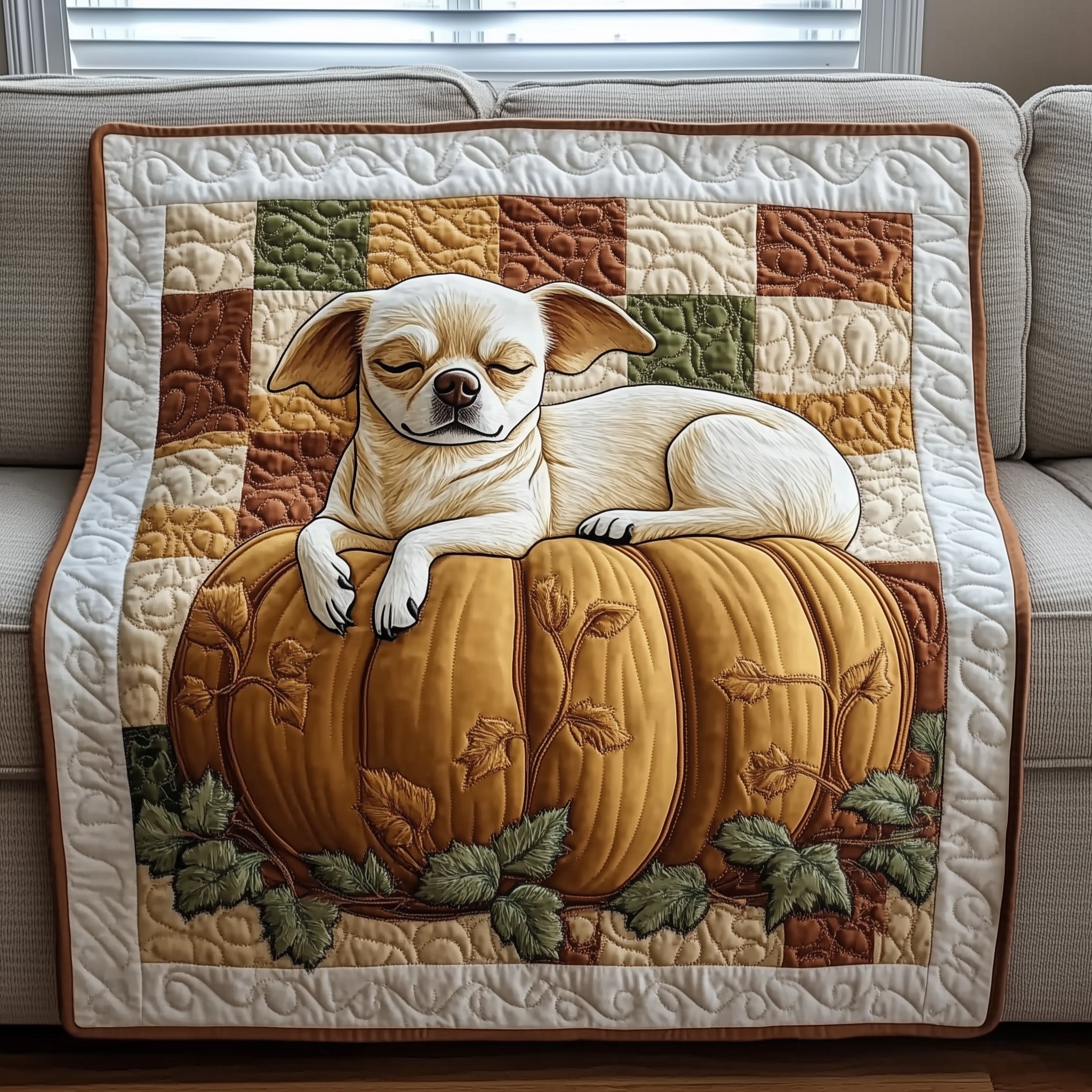 Autumn Snooze Chihuahua Fall Theme Quilted Blanket Sleeping Dog Gifts Dog Lovers