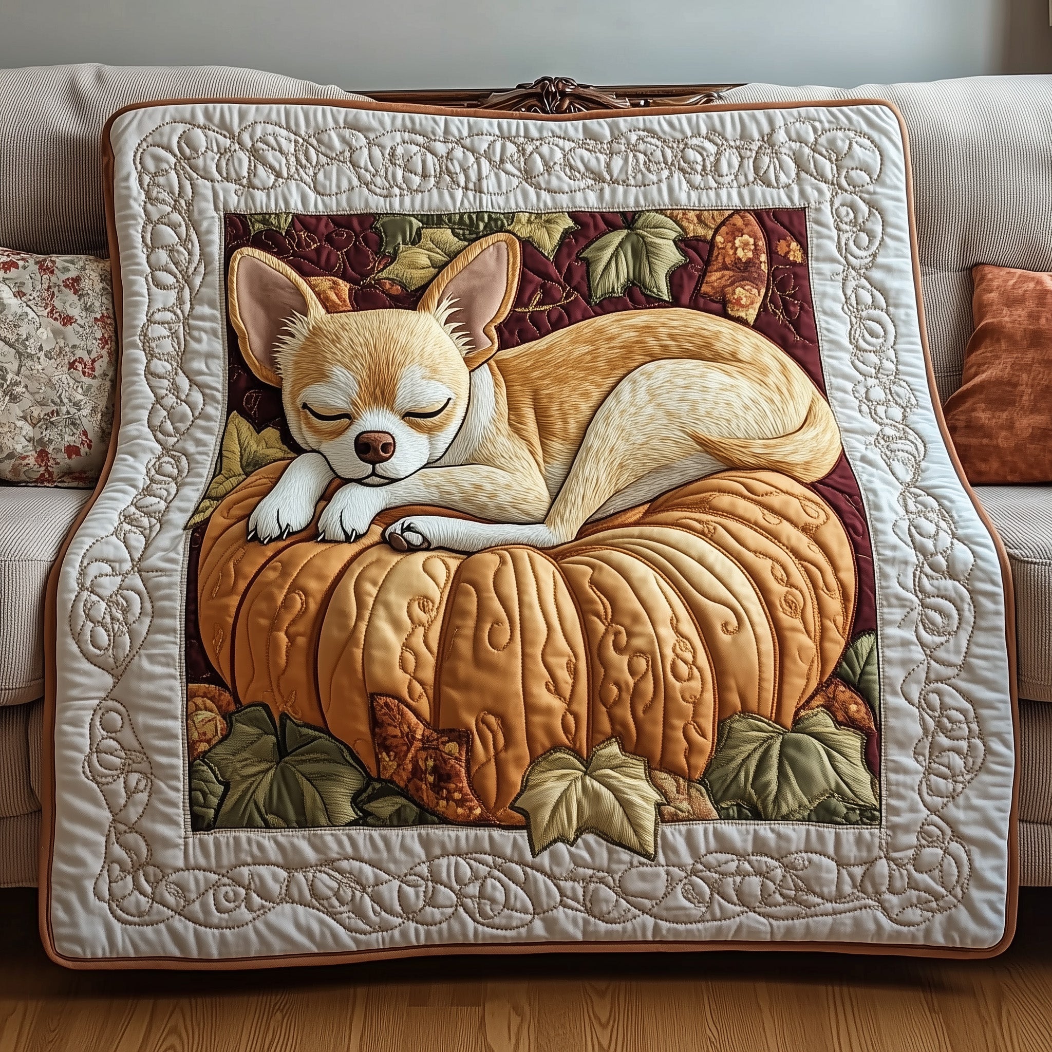 Autumn Snooze Chihuahua Pumpkin Quilted Blanket Sleeping Chihuahua Gifts Dog Lovers