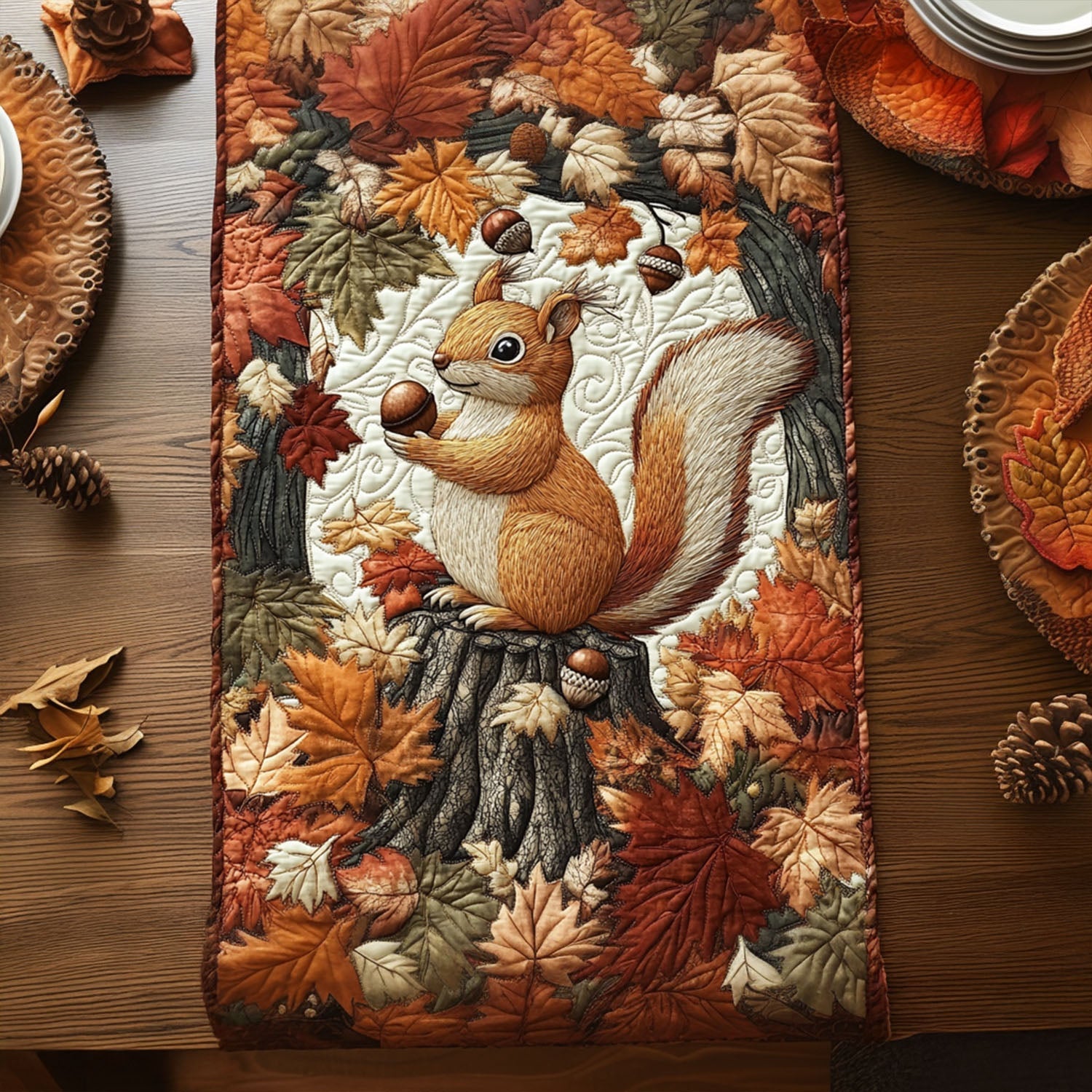 Autumn Squirrel Adventure Quilted Table Runner Fall Table Toppers Unique Gifts For Fox Lovers