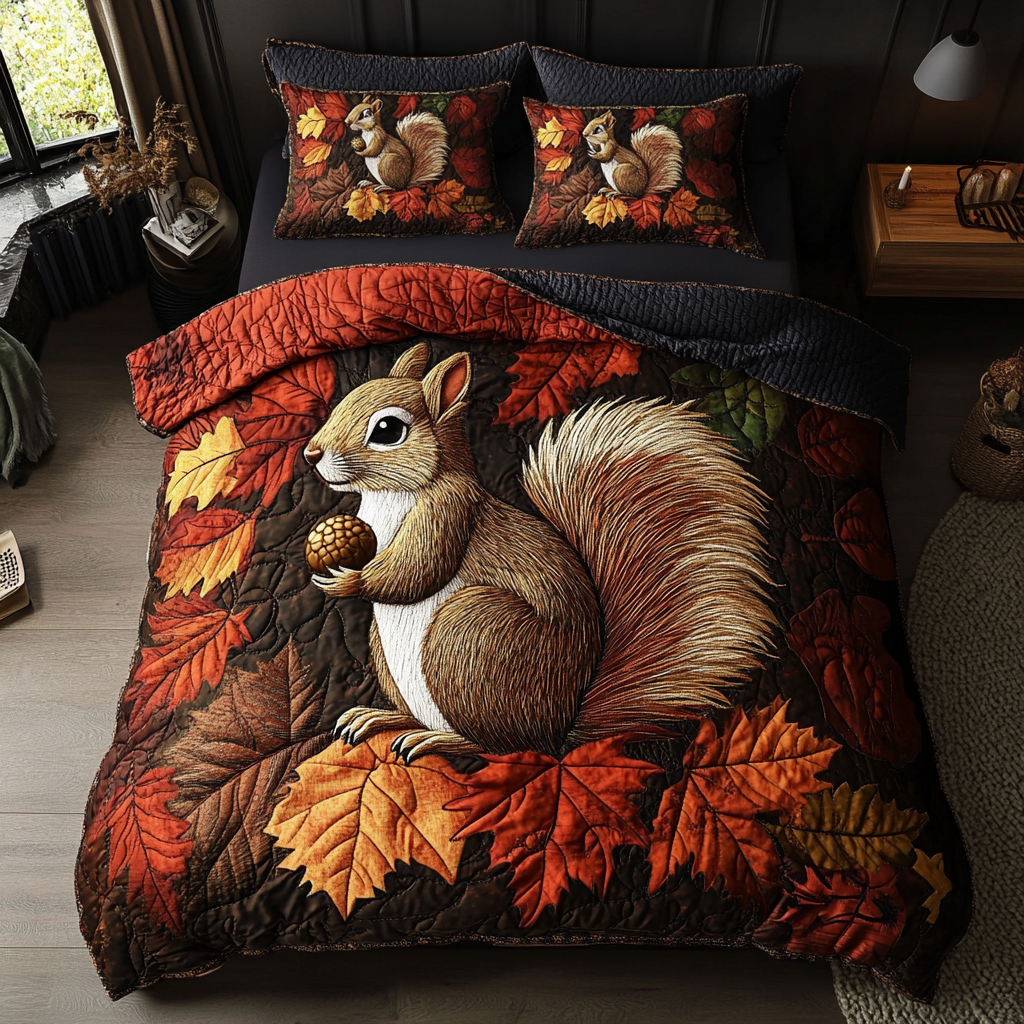 Autumn Squirrel Quilted Bedding Set Best Bed Sheet Set Autumn Presents
