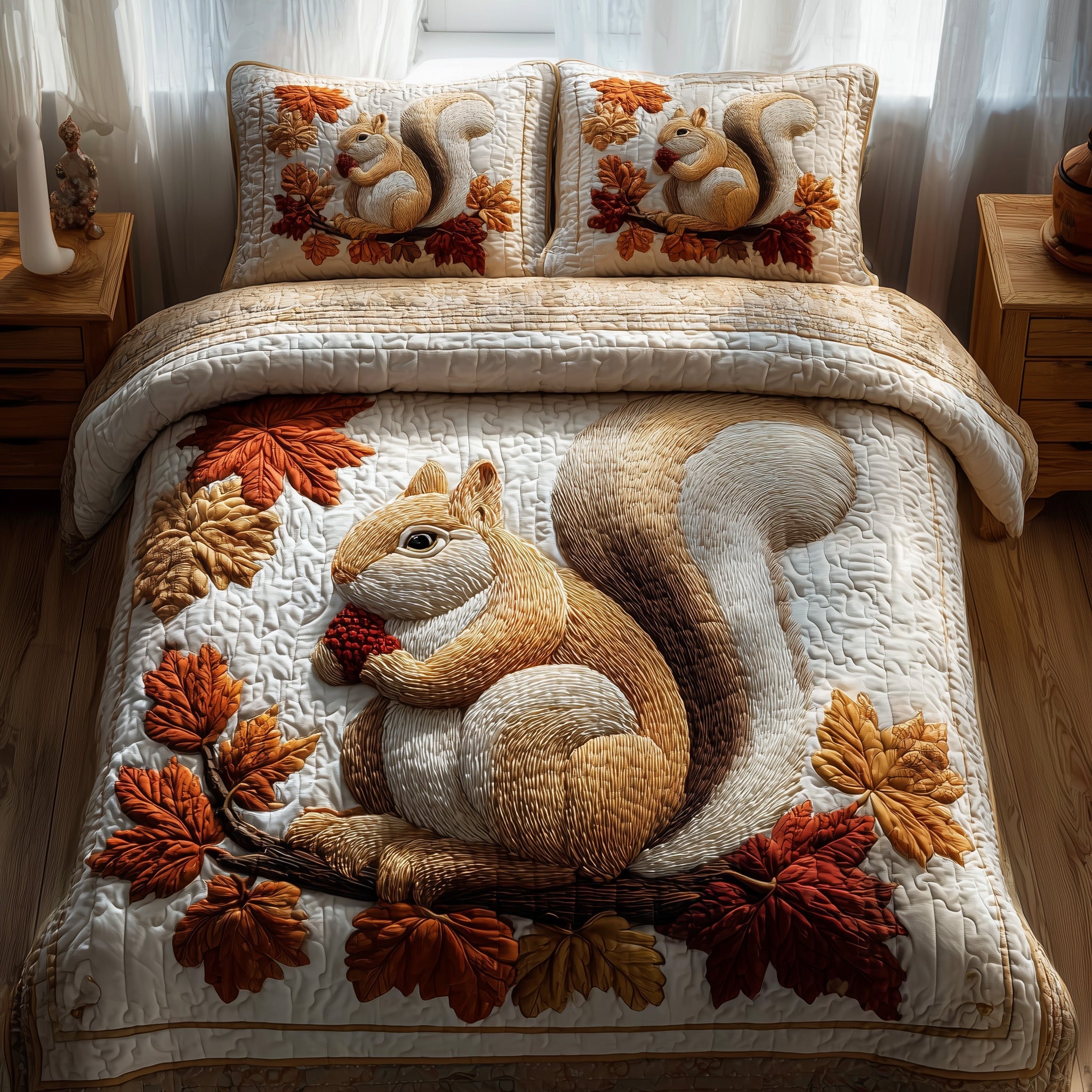 Autumn Squirrel Quilted Bedding Set For Kids