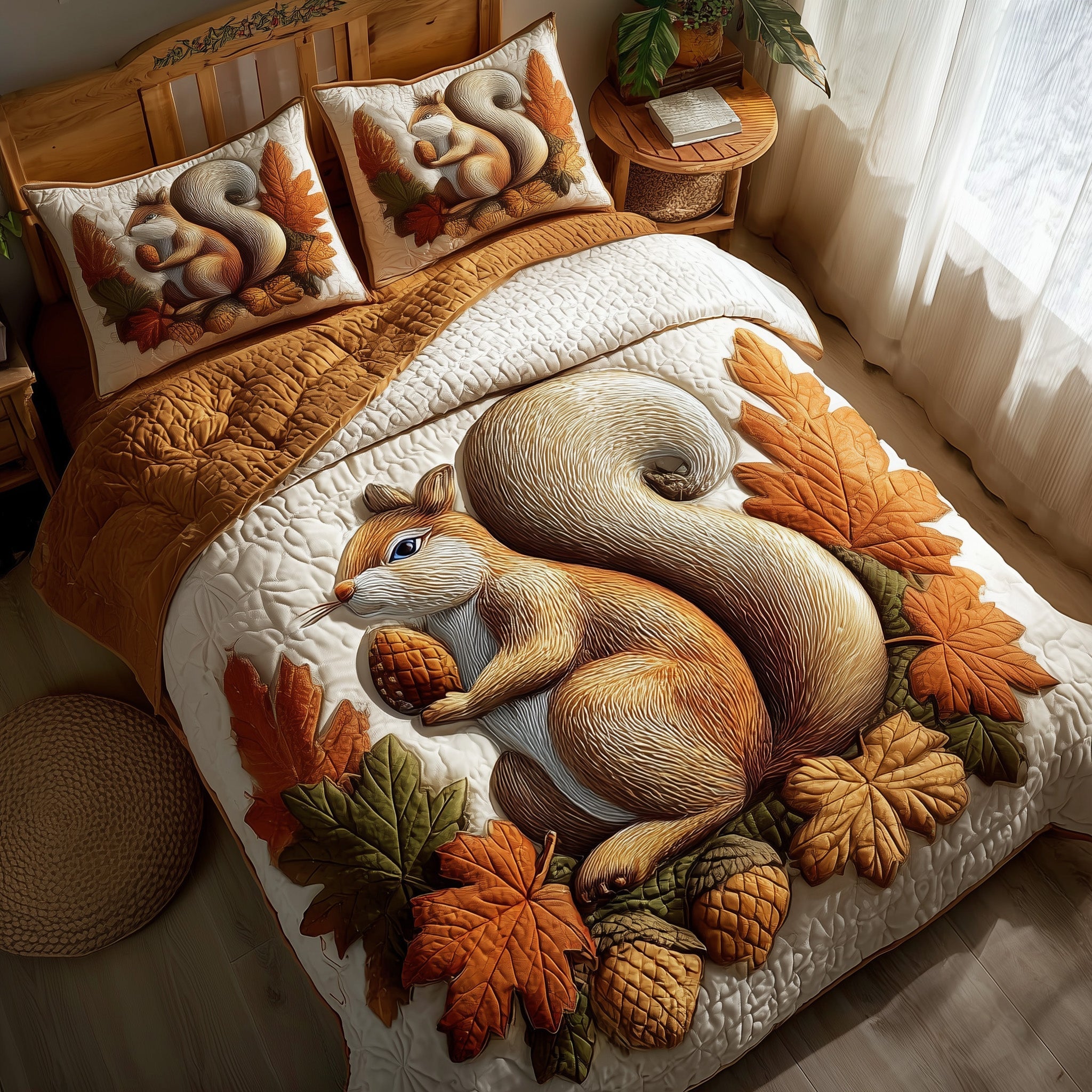 Autumn Squirrel Quilted Bedding Set Housewarming Gift