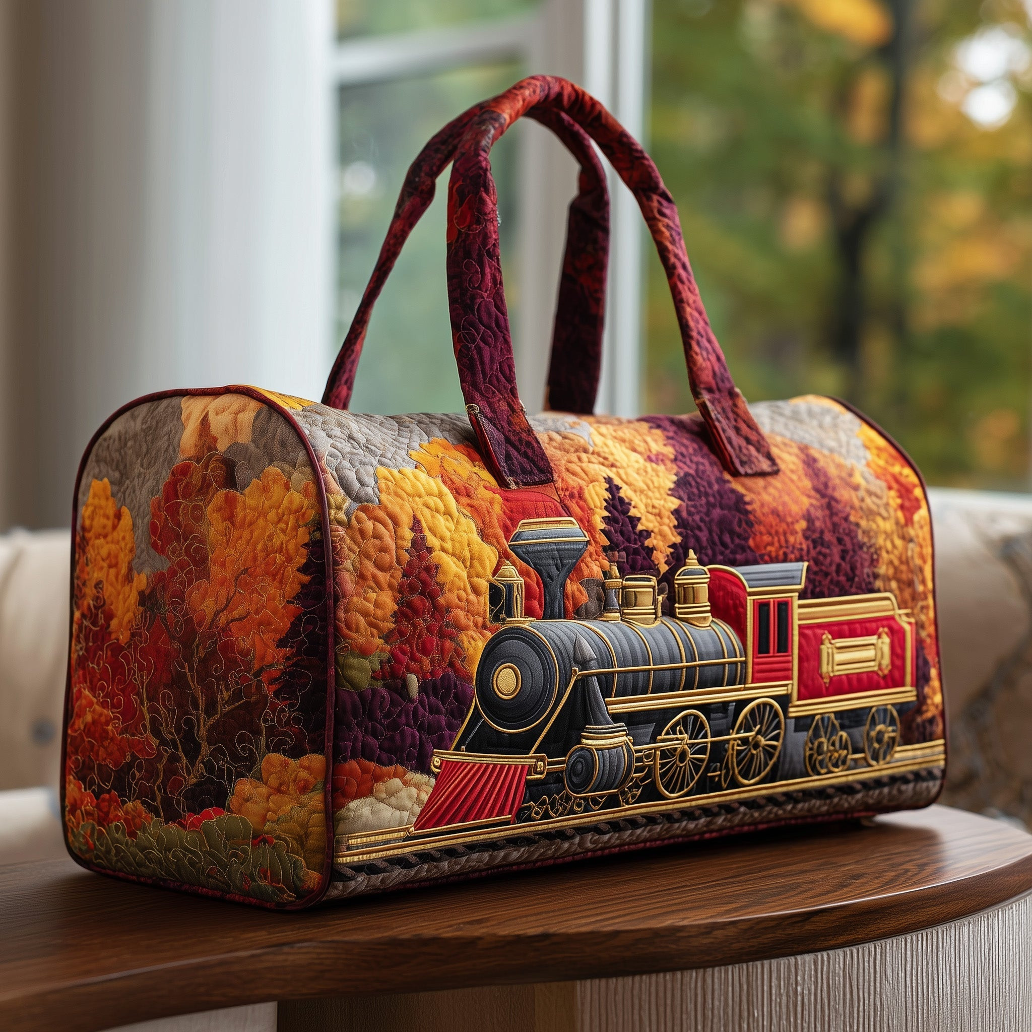 Autumn Steam Train Quilted Duffle Bag Fall Foliage Locomotive Best Gift For Train Lovers