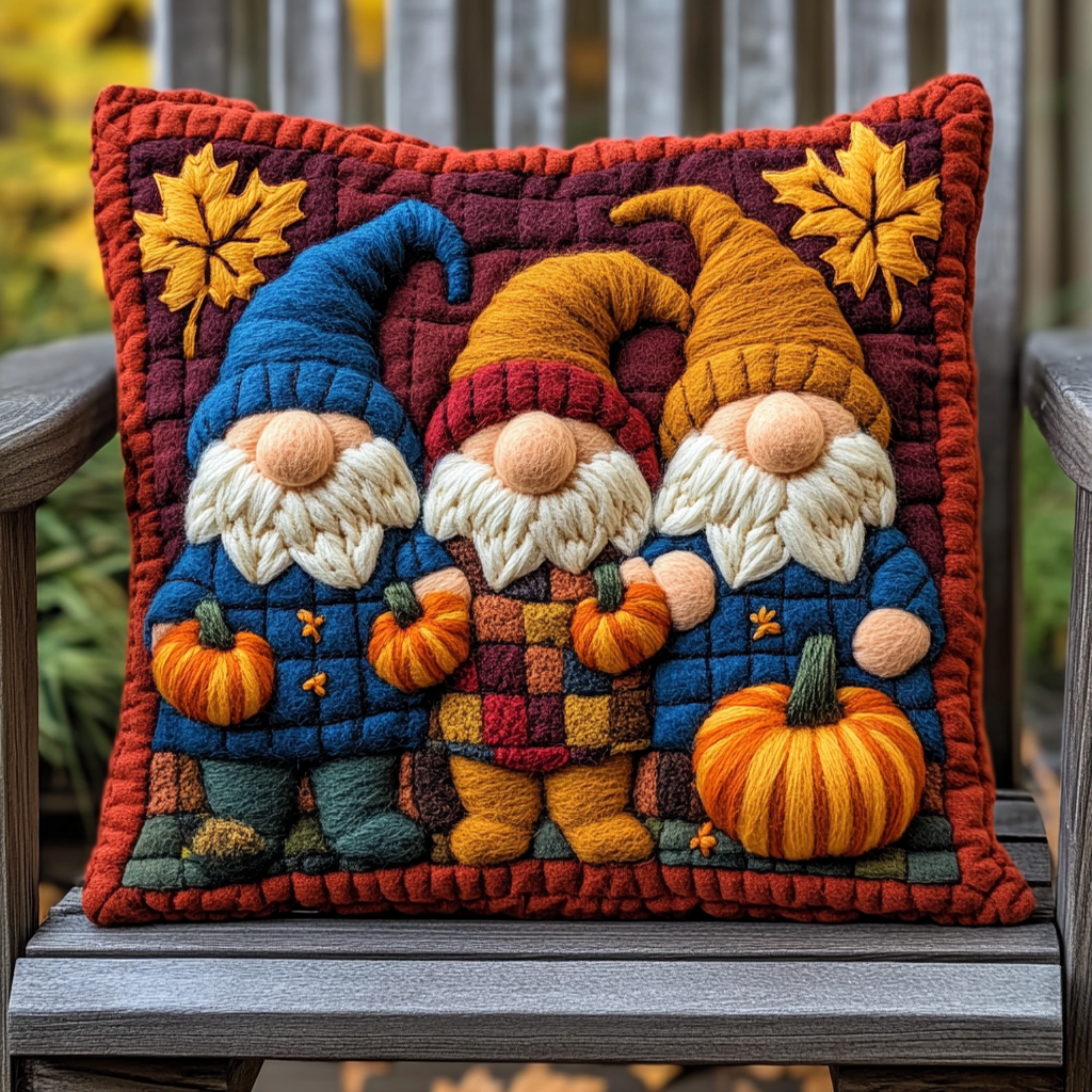 Autumn Sweet Gnome Quilted Pillow Case Holiday Throw Pillow Gift
