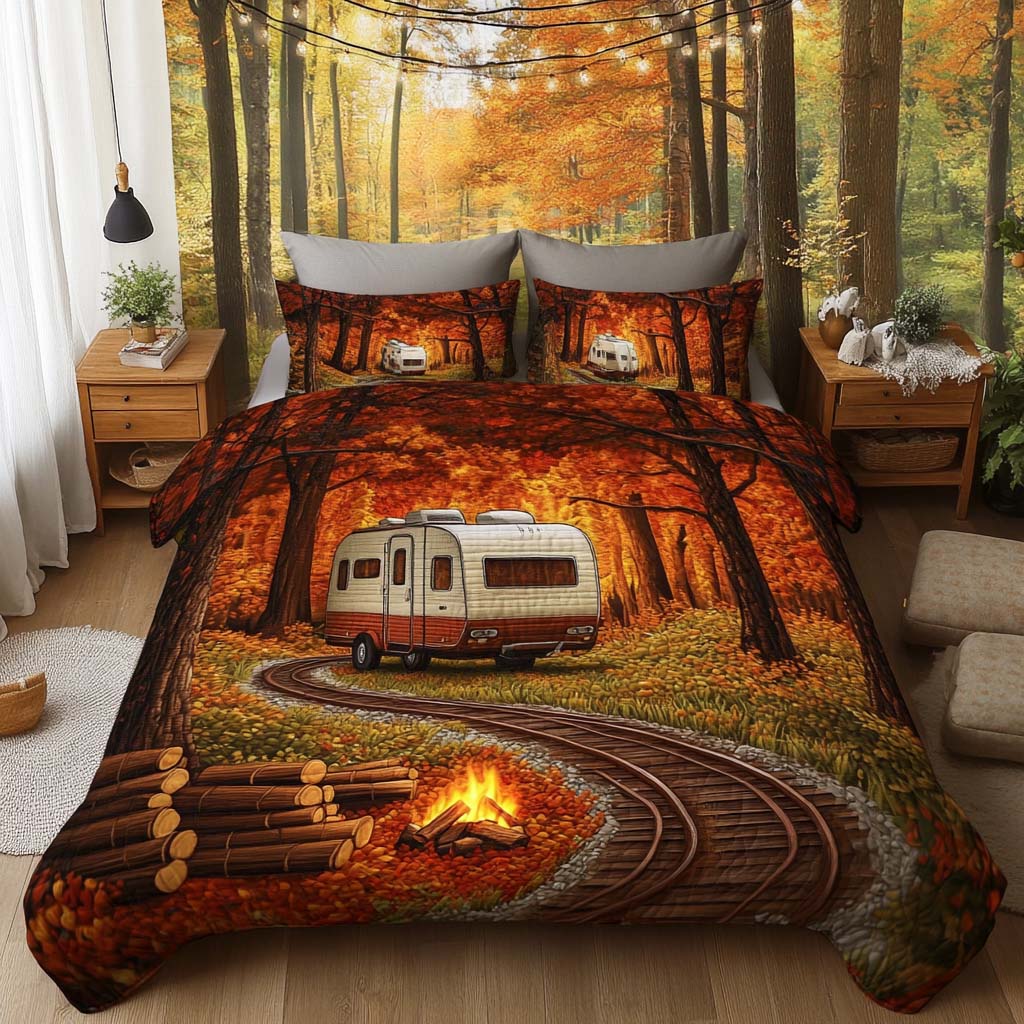 Autumn Trail Camper Quilted Bedding Set Fall Bedding Sets Gifts For People Who Loves Camping