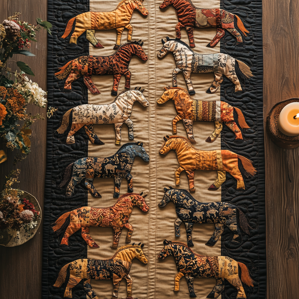 Autumn Trot Quilted Table Runner Dining Room Table Decor Ideas Unique Gifts For Horse Lovers