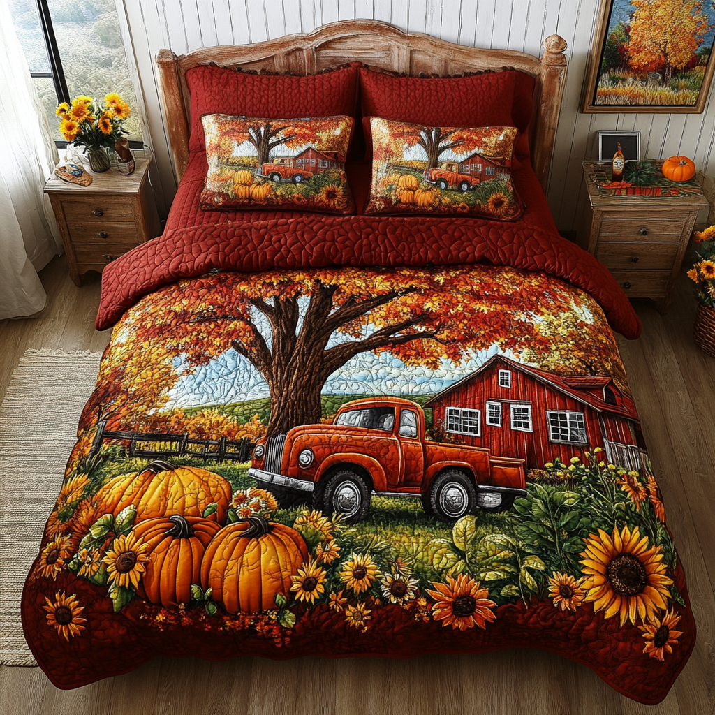 Autumn Truck Quilted Bedding Set Bed Decor Gifts For Autumn Lovers