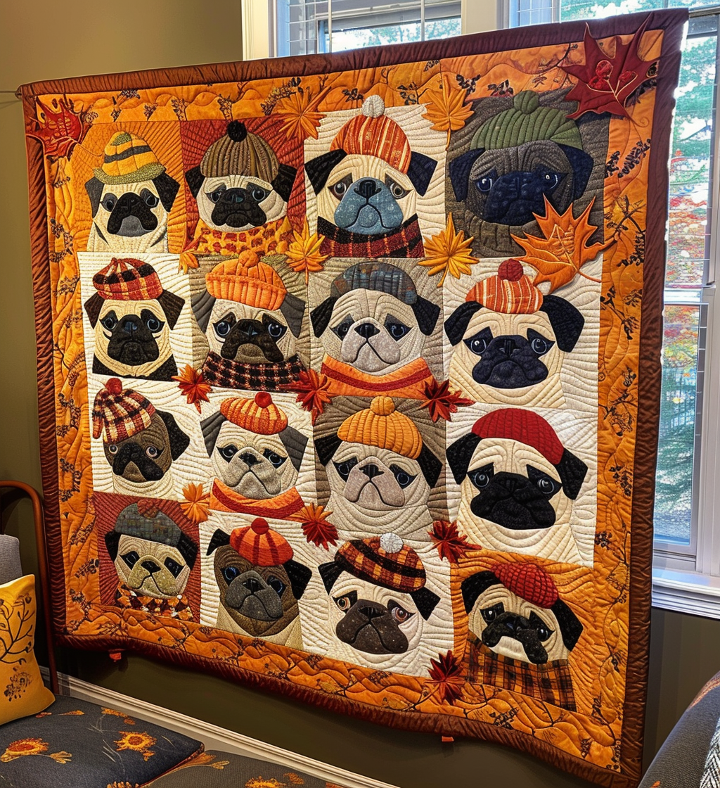 Autumn Vibe Pugs Quilted Blanket Dog Gift Ideas For Dog Owners