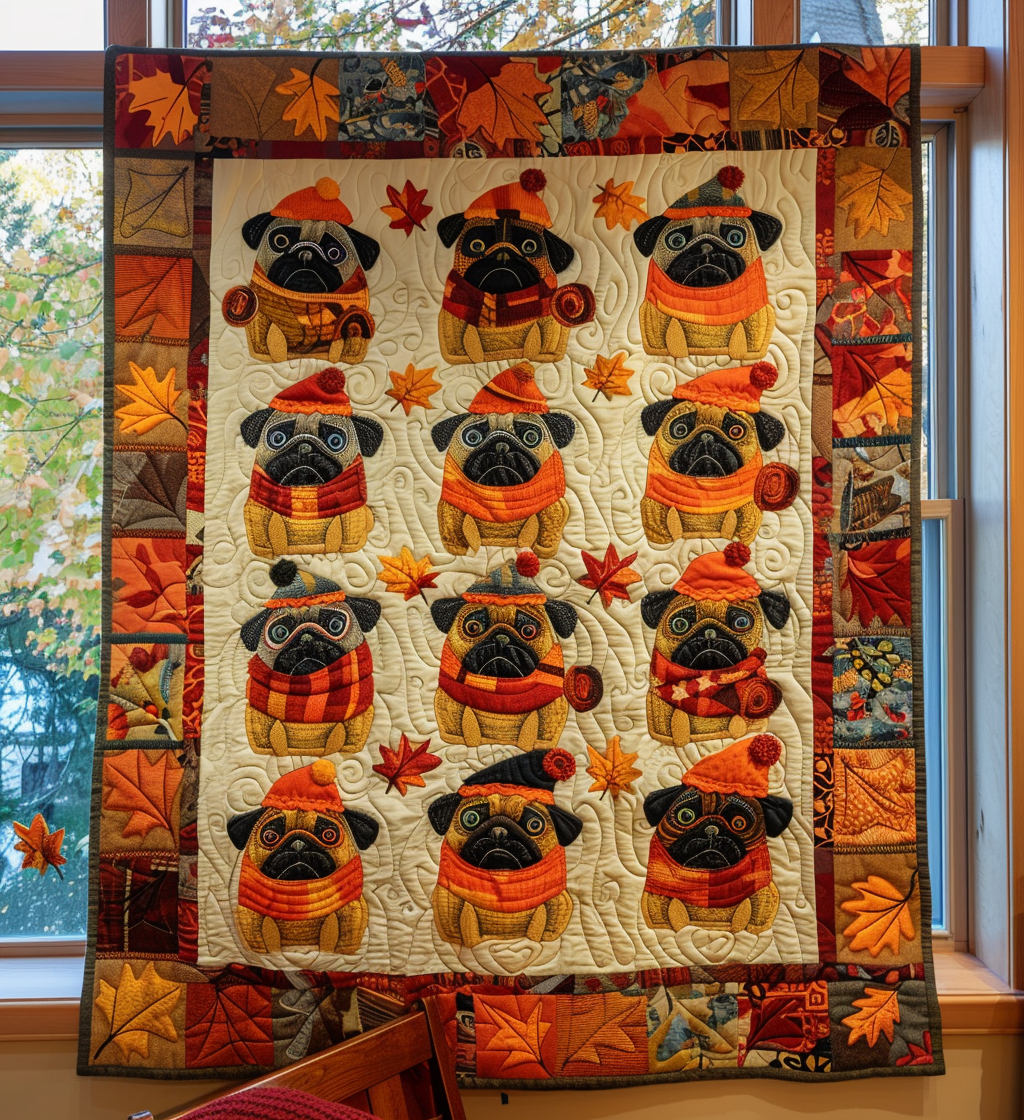 Autumn Vibe Pugs Quilted Blanket Dog Gift Ideas For Dog Owners