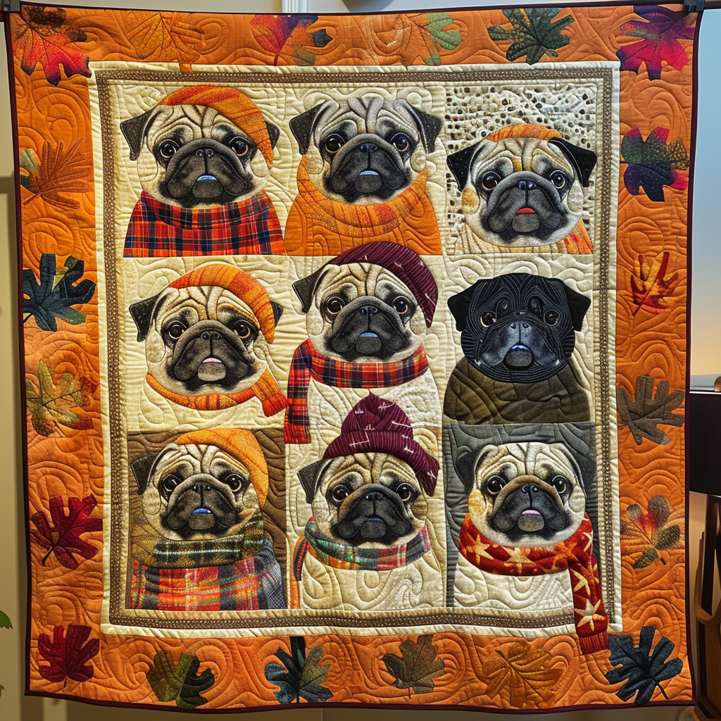 Autumn Vibe Pugs Quilted Blanket Presents For Pug Owners