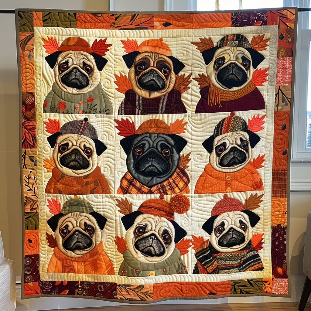 Autumn Vibe Pugs Quilted Blanket Presents For Pug Owners