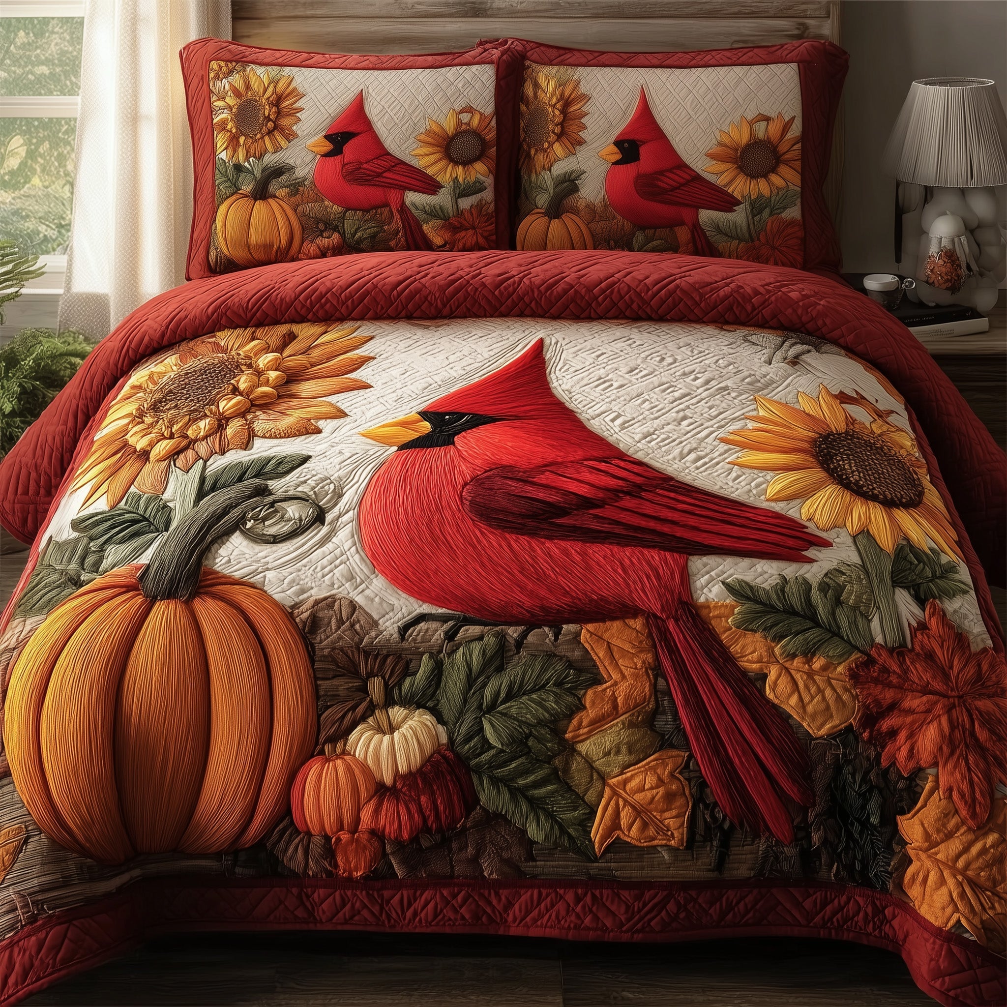 Autumn Vibe Quilted Bedding Set Duvet Cover Bedspread Unique Cardinal Gift Ideas
