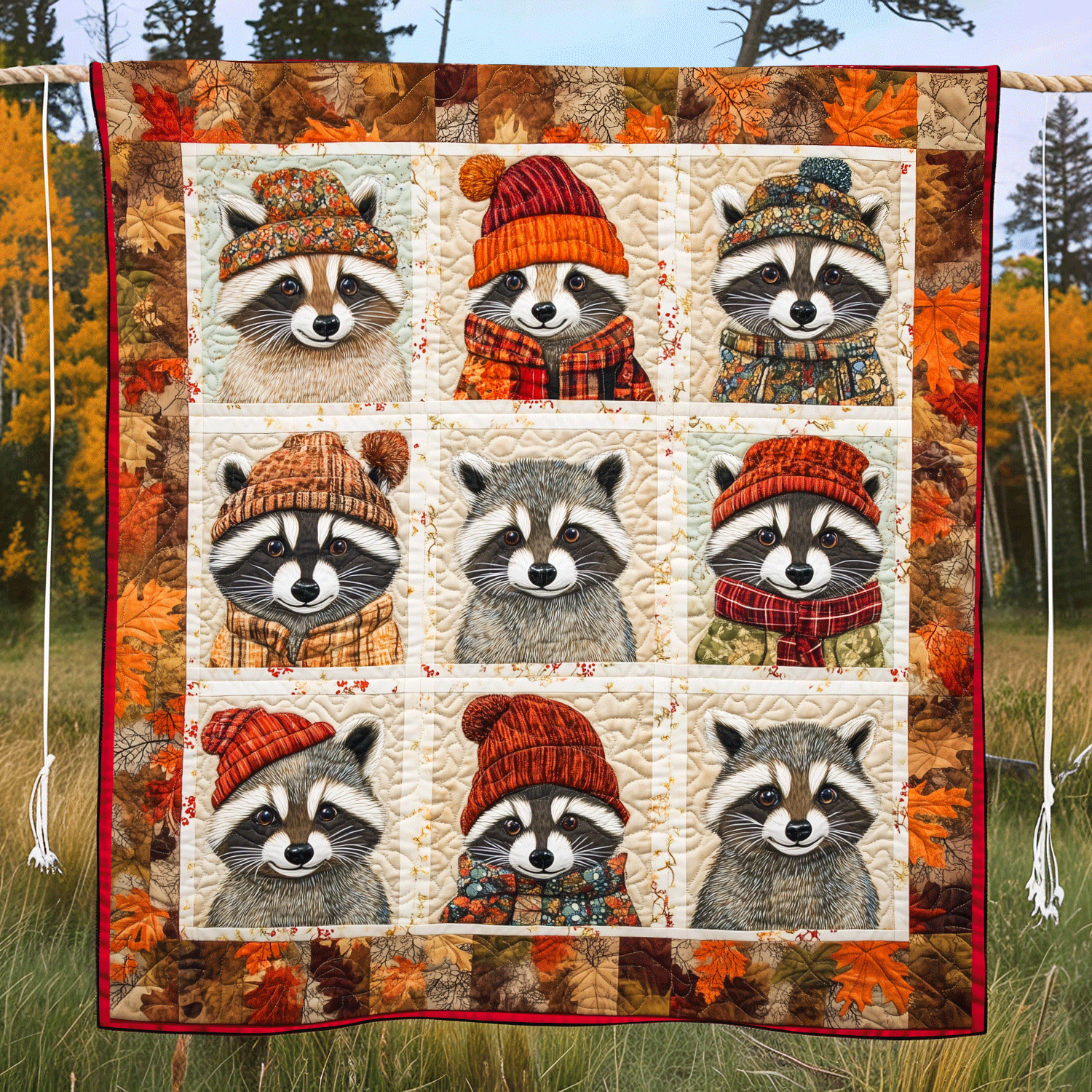 Autumn Vibe Raccoon Quilted Blanket Raccoon Fleece Blanket Cozy Fall Gift Ideas