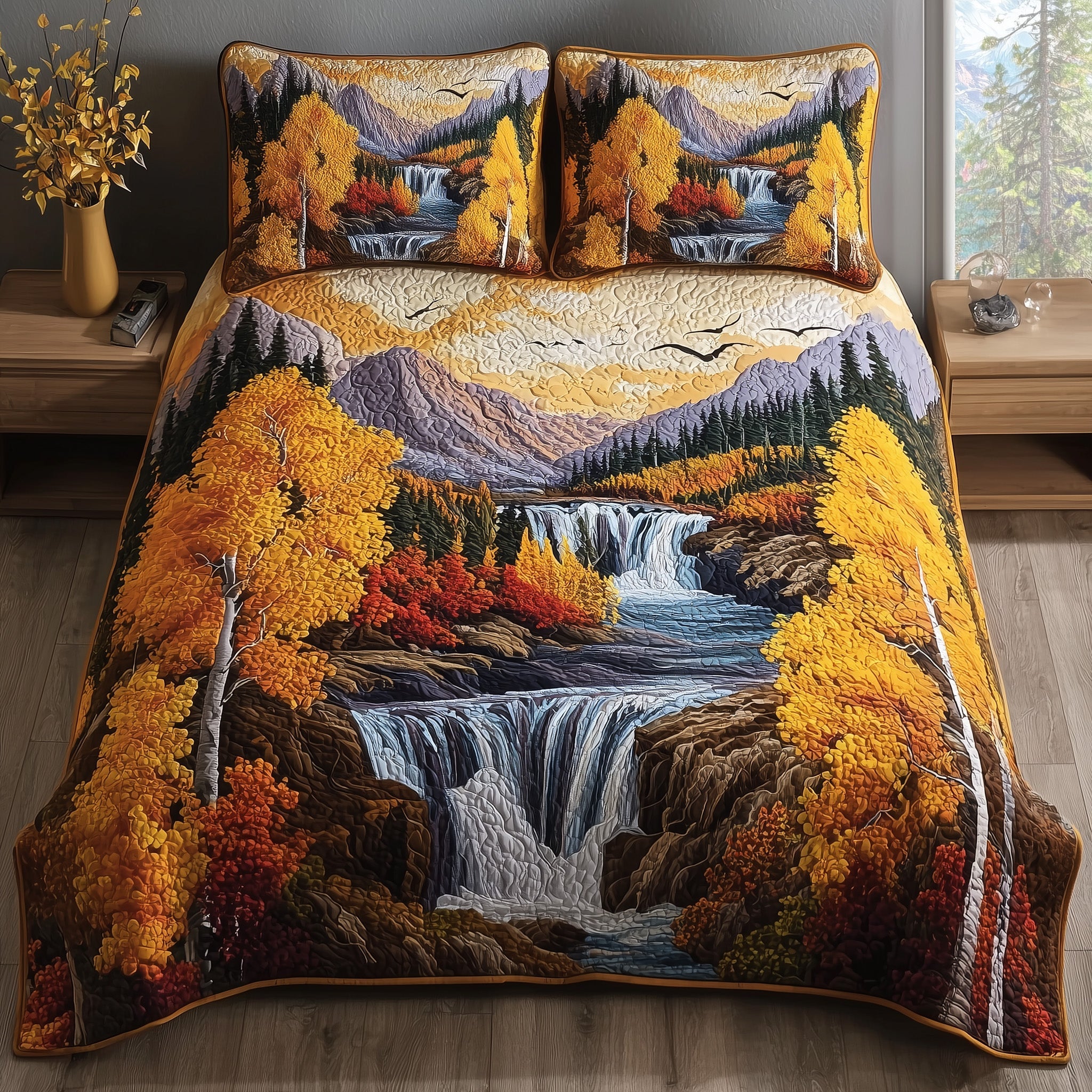 Autumn Waterfall Quilted Bedding Set Duvet Cover Bedspread Mid Autumn Festival Gift Ideas