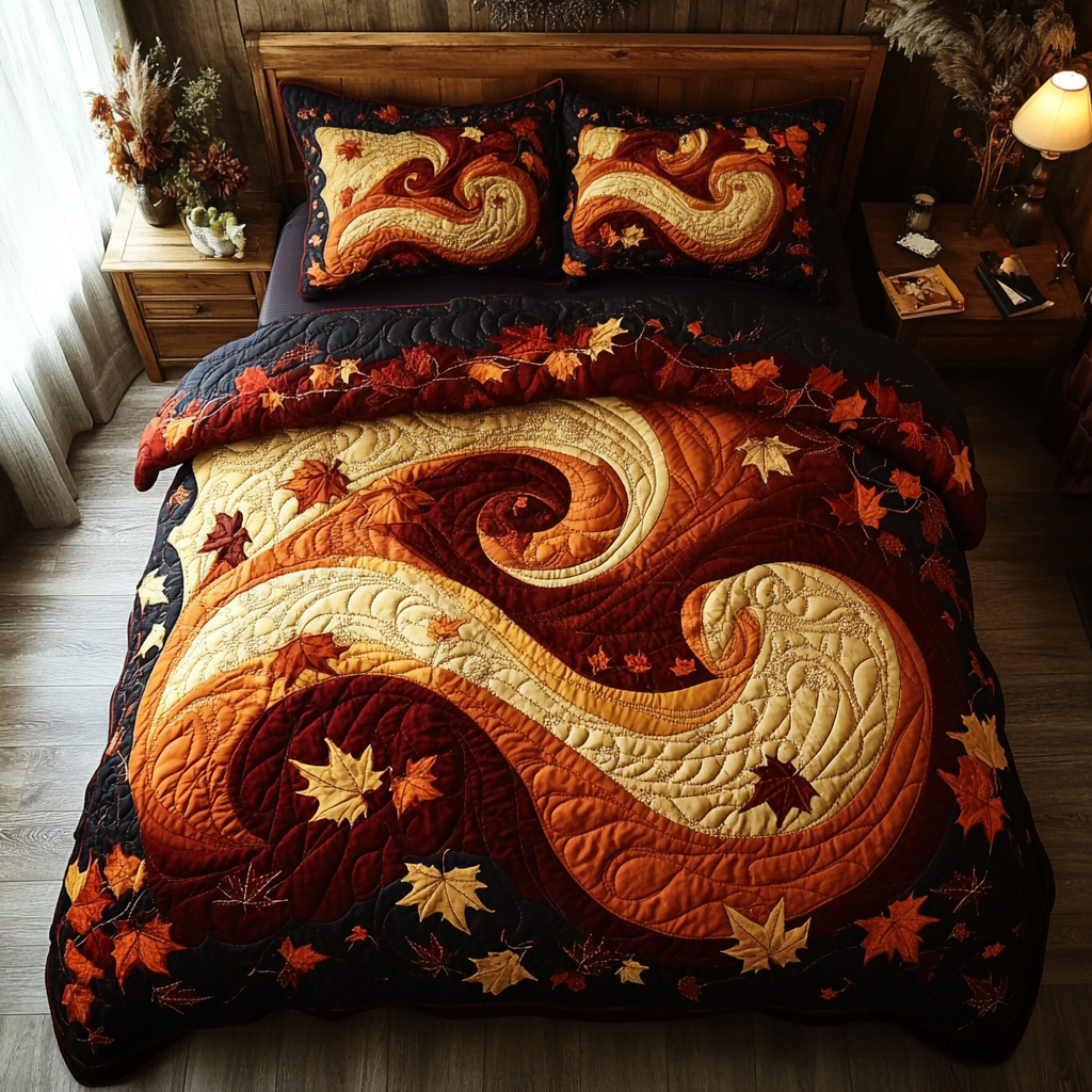 Autumn Wave Quilted Bedding Set Cute Room Decor Fall Autumn Season Gifts