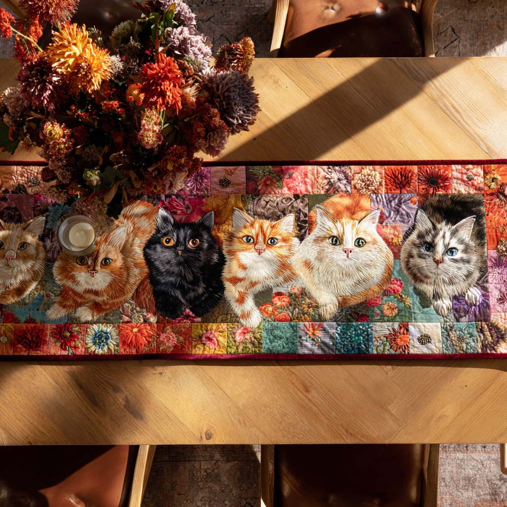 Autumn Whiskers Quilted Table Runner Kitchen Table Decor Cool Gifts For Cat Lovers