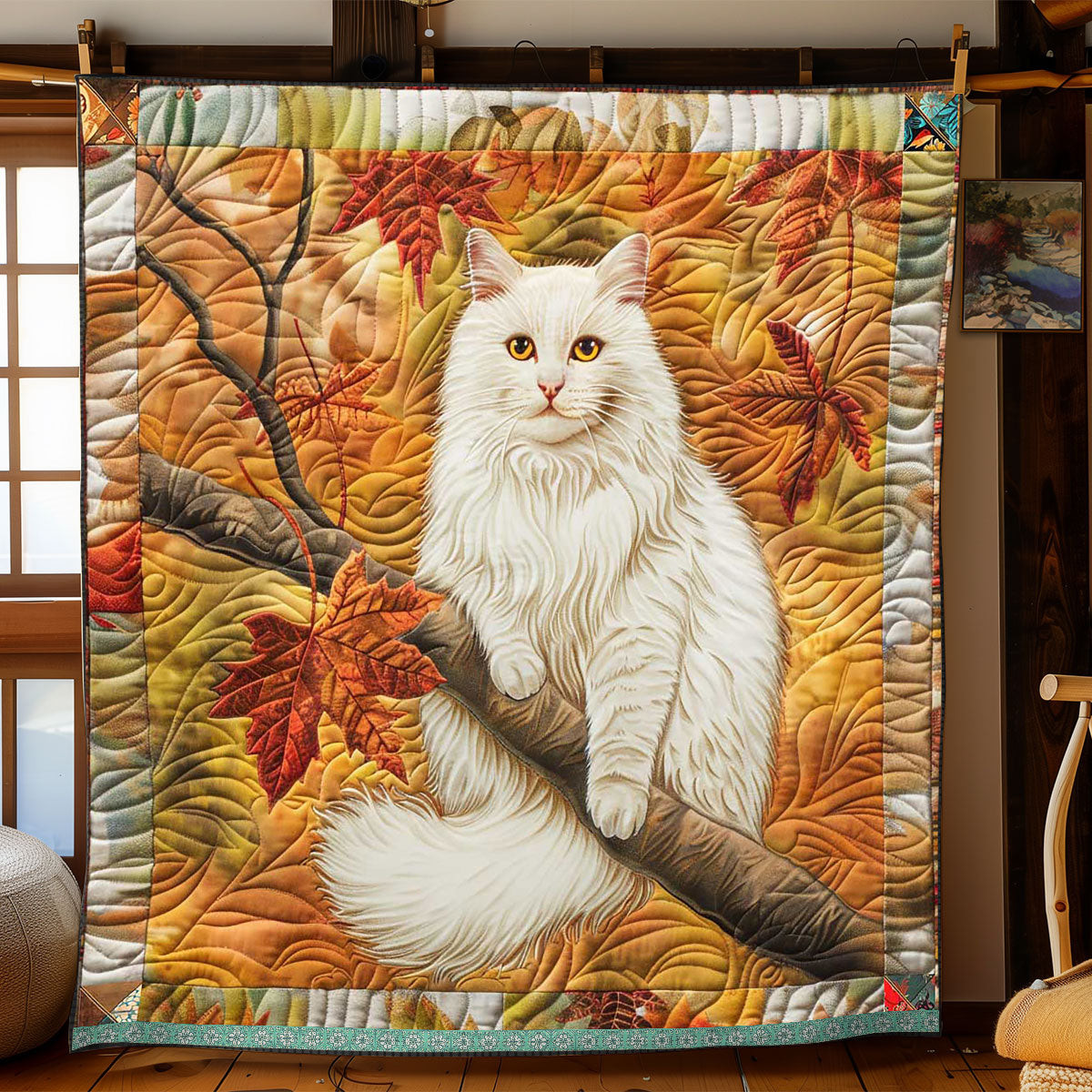 Autumn White British Longhair Holiday Christmas Quilt Blanket Presents For Grandmas Birthday