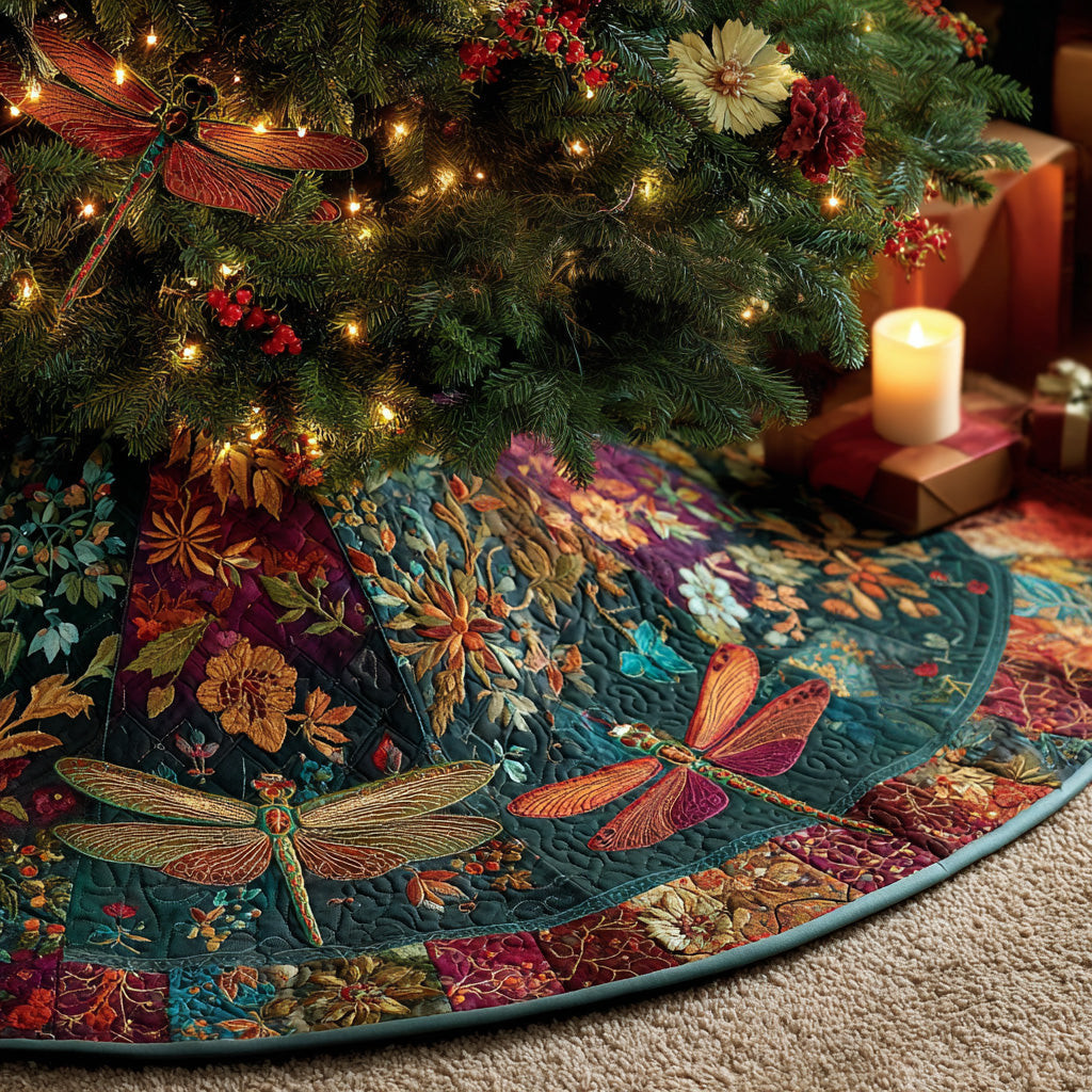 Autumn Wings Christmas Quilted Tree Skirt Xmas Decor Christmas Gifts For Dragonfly Lovers