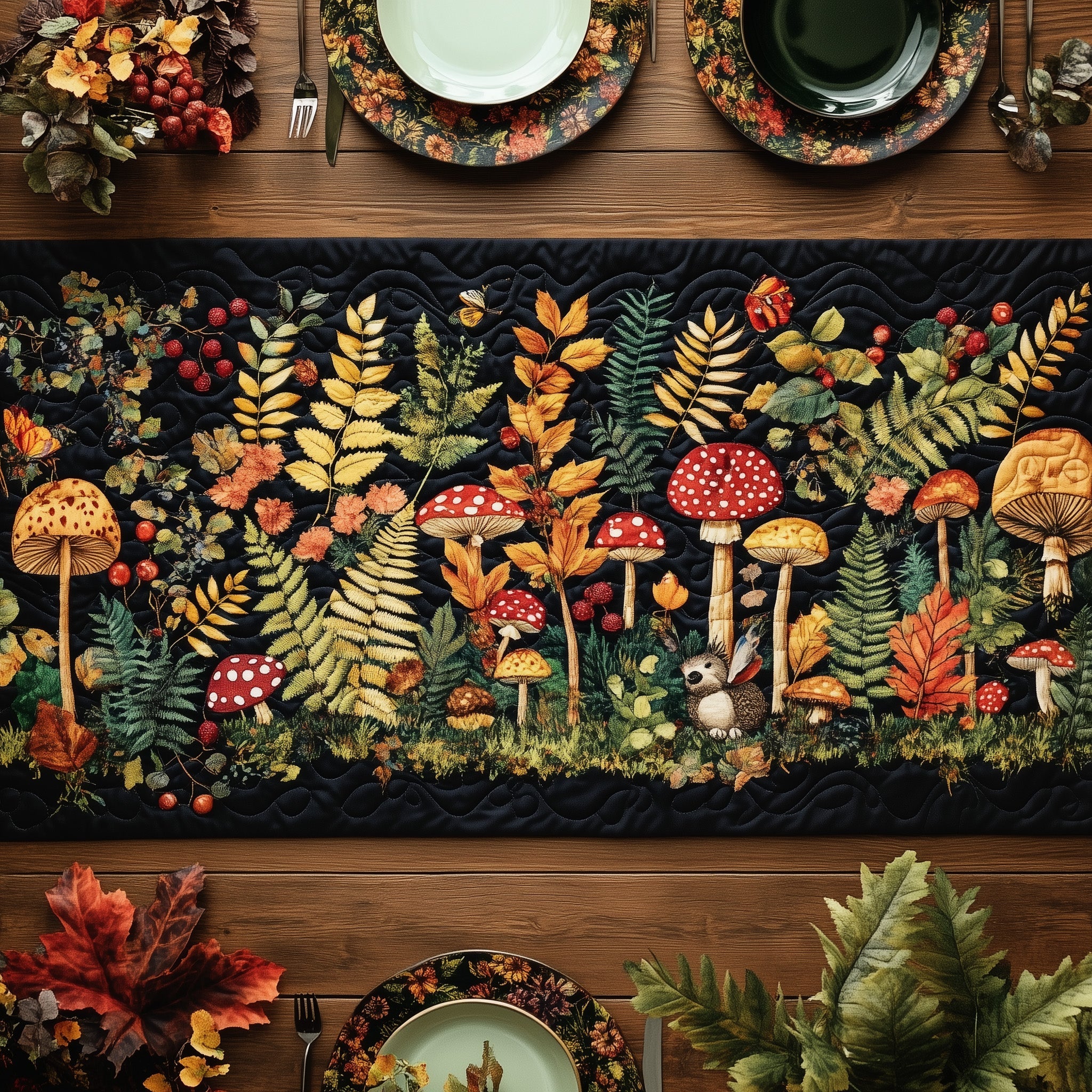 Autumn Woodland Whimsy Quilted Table Runner Holiday Dinner Table Runner