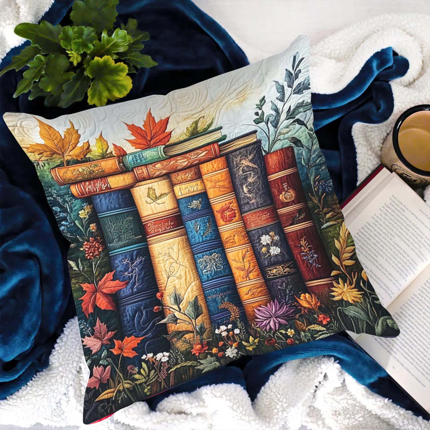 Autumnal Bookshelf Quilted Pillow Case Reindeer Christmas Pillow Cover